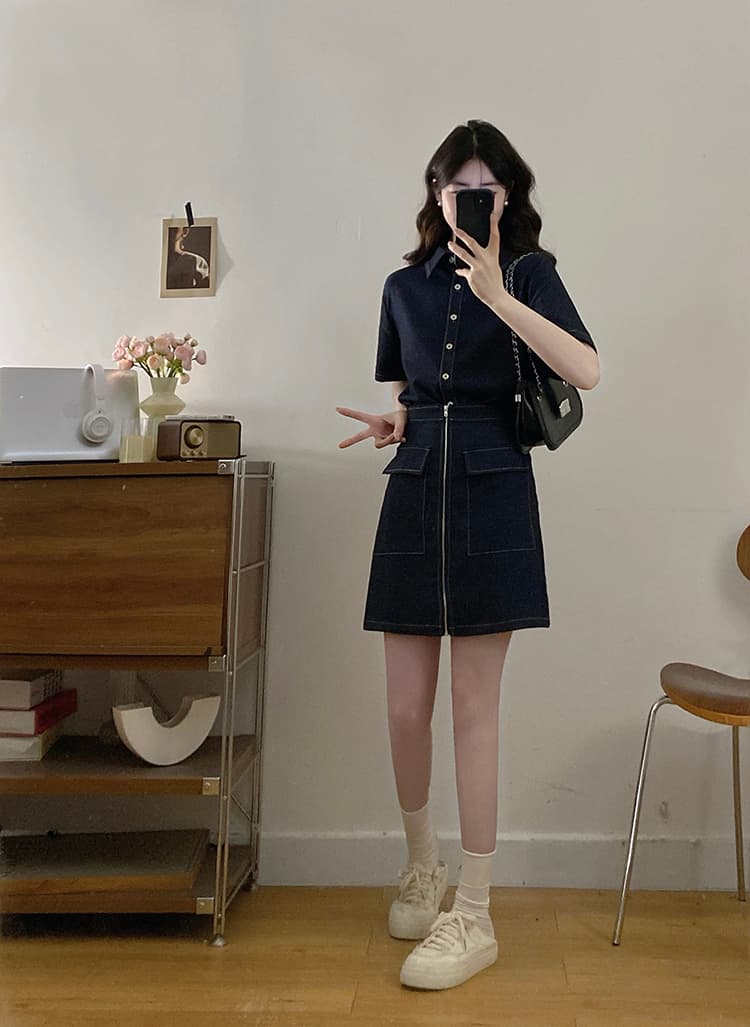 실사 s-4xl 여름 지방 mm 새로운 디자인 센스 페이크 레이어드 차가운 센스 모방 데님 드레스 품격 미니 스커트 상세 이미지 8