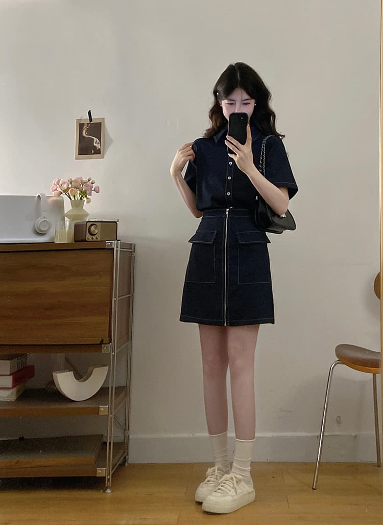 실사 s-4xl 여름 지방 mm 새로운 디자인 센스 페이크 레이어드 차가운 센스 모방 데님 드레스 품격 미니 스커트 상세 이미지 9