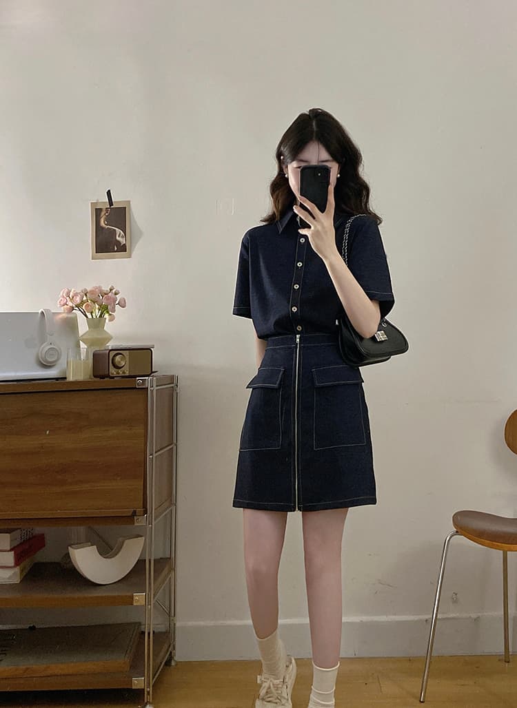 실사 s-4xl 여름 지방 mm 새로운 디자인 센스 페이크 레이어드 차가운 센스 모방 데님 드레스 품격 미니 스커트 상세 이미지 10