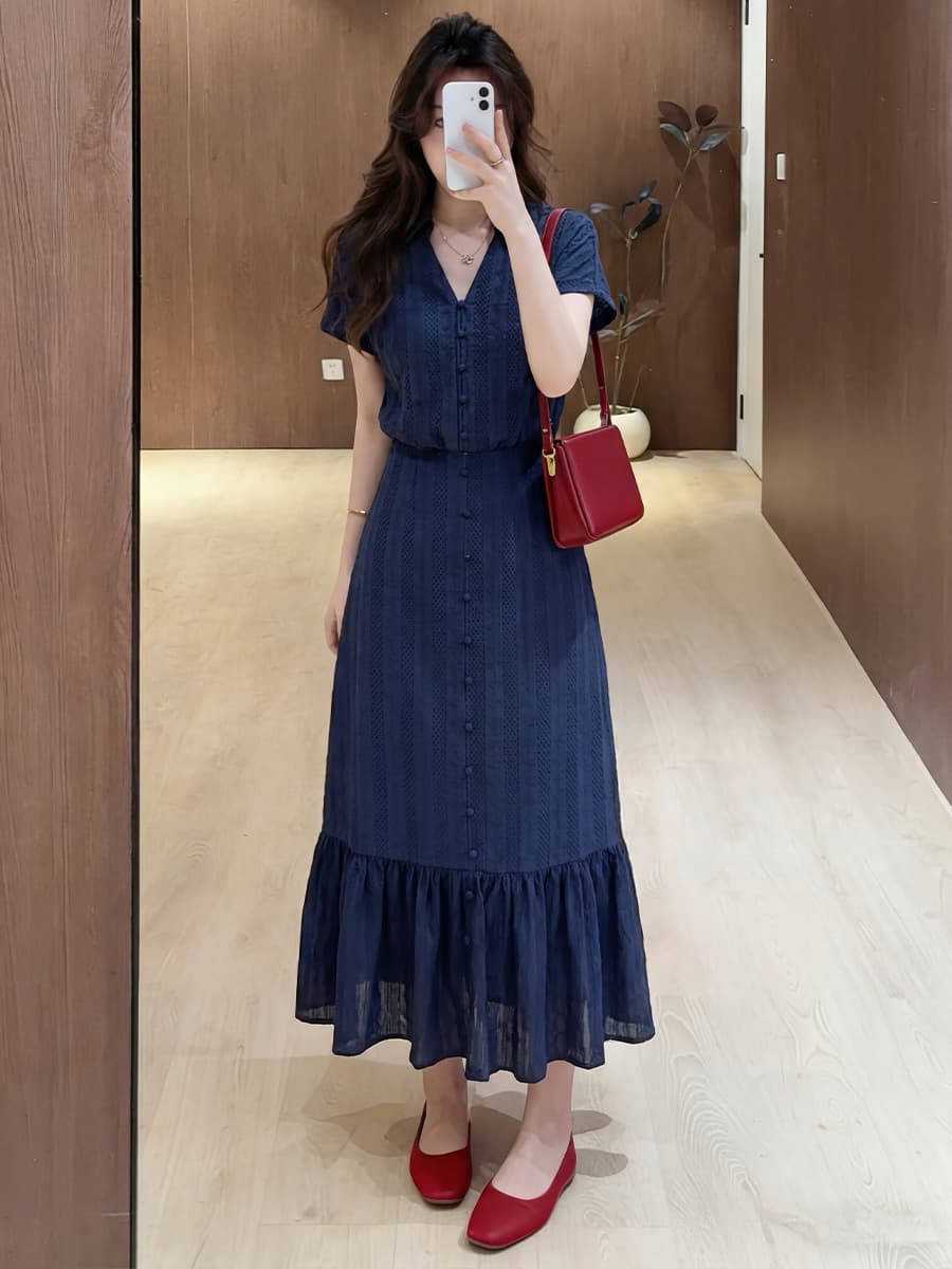 실사 빅 사이즈 여성 의류 블루스 참고 해군 miu 부서 3 차원 자카드 소녀 연령 감소 프랑스식 허리 수축 치마 이미지 3