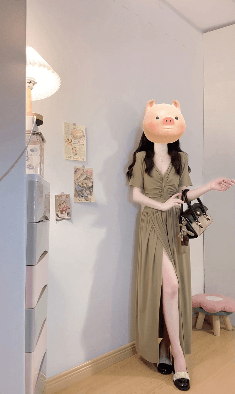 특별 가격 아니요 돌아 가기 빅 사이즈 여성 의류 V넥 주름 밑단 왼쪽 트임 반팔 여성 드레스 지방 mm 치마 이미지 5
