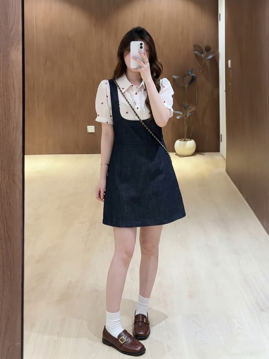 빅 사이즈 여성 의류 품격 부드러운 프릴 셔츠 데님 멜빵 드레스 새로운 캐주얼 투피스 세트 이미지 2