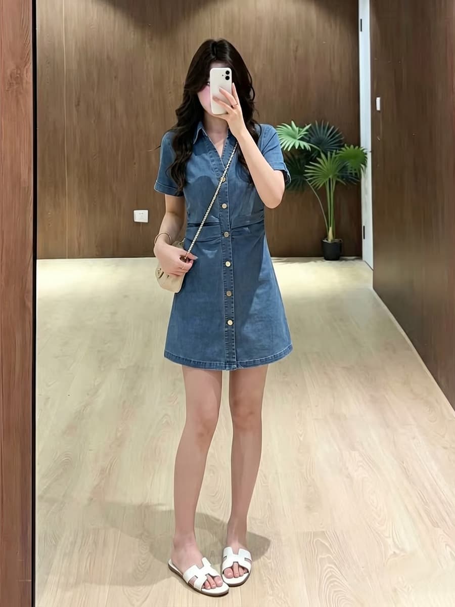 실사 빅 사이즈 여성 의류 항구 바람 파란색 상쾌 주름 폴로 칼라 허리 수축 표지 배 슬림해 보이는 데님 드레스 이미지 3