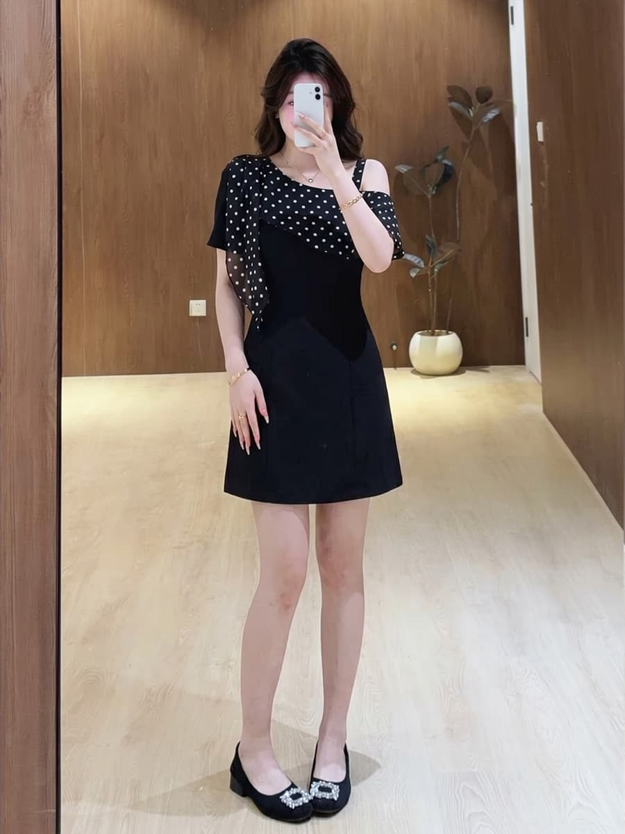 실사 빅 사이즈 여성 의류 프랑스식 코치 점잖은 드레스 지방 mm 여름 패치워크 도트 무늬 허리 수축 오프숄더 치마 이미지 3