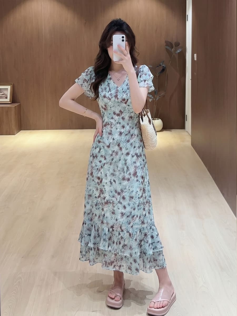 실사 빅 사이즈 여성 의류 프랑스식 V넥 레이스업 허리 수축 꽃무늬 드레스 여름 작은 날다 소매 파란색 품격 롱 스커트 상세 이미지 6