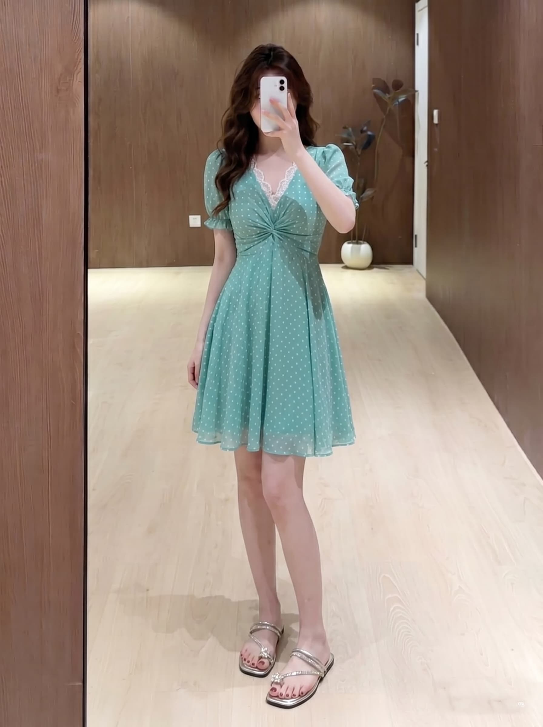 실사 빅 사이즈 지방 mm 품격 연령 감소 레트로 녹색 도트 무늬 V넥 레이스 측면 허리 수축 슬림해 보이는 드레스