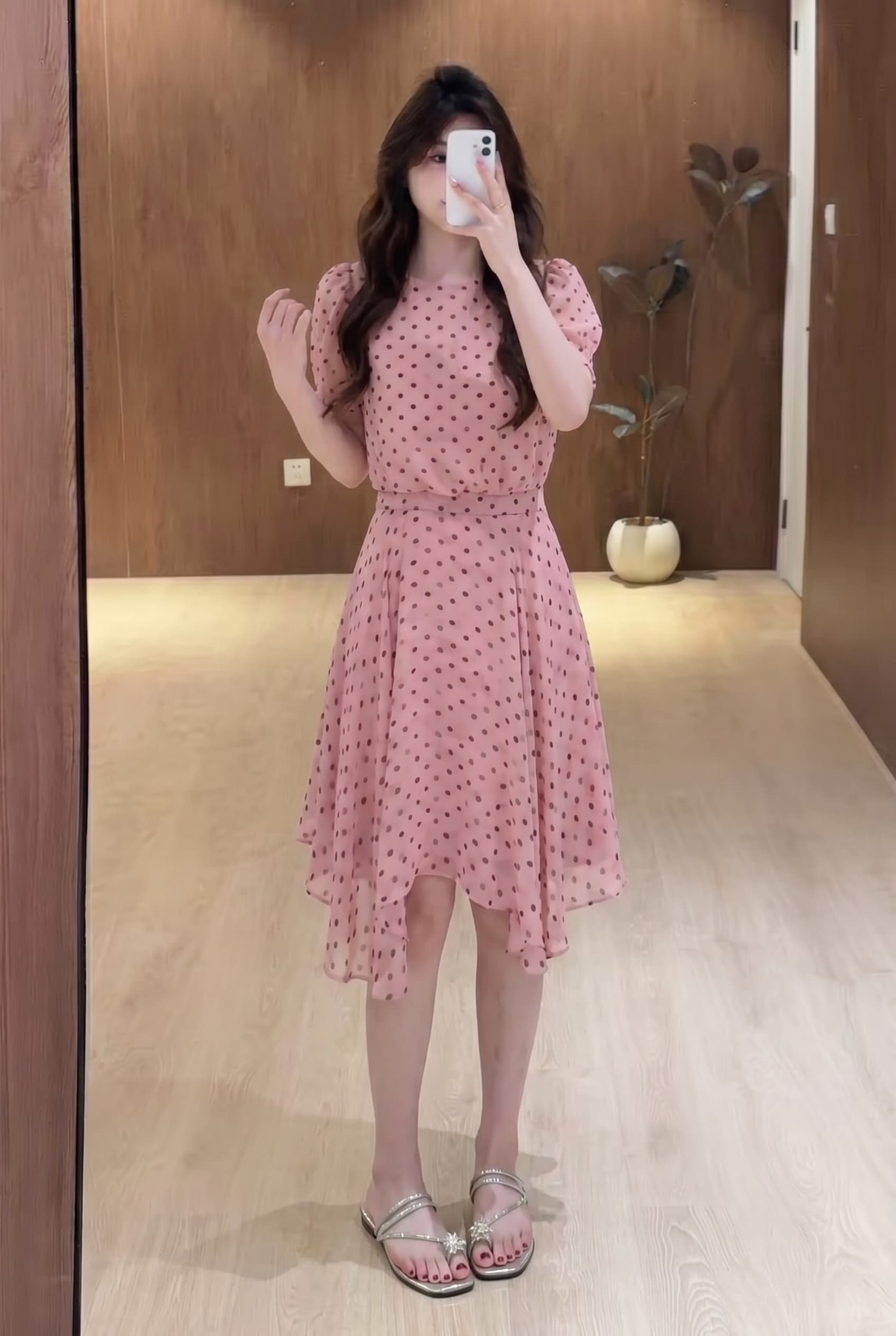 실사 빅 사이즈 여름 새로운 분말 안개 도트 무늬 프랑스식 거품 소매 하이웨이스트 표지 고기 슬림해 보이는 한 마디 여성 드레스 이미지 3