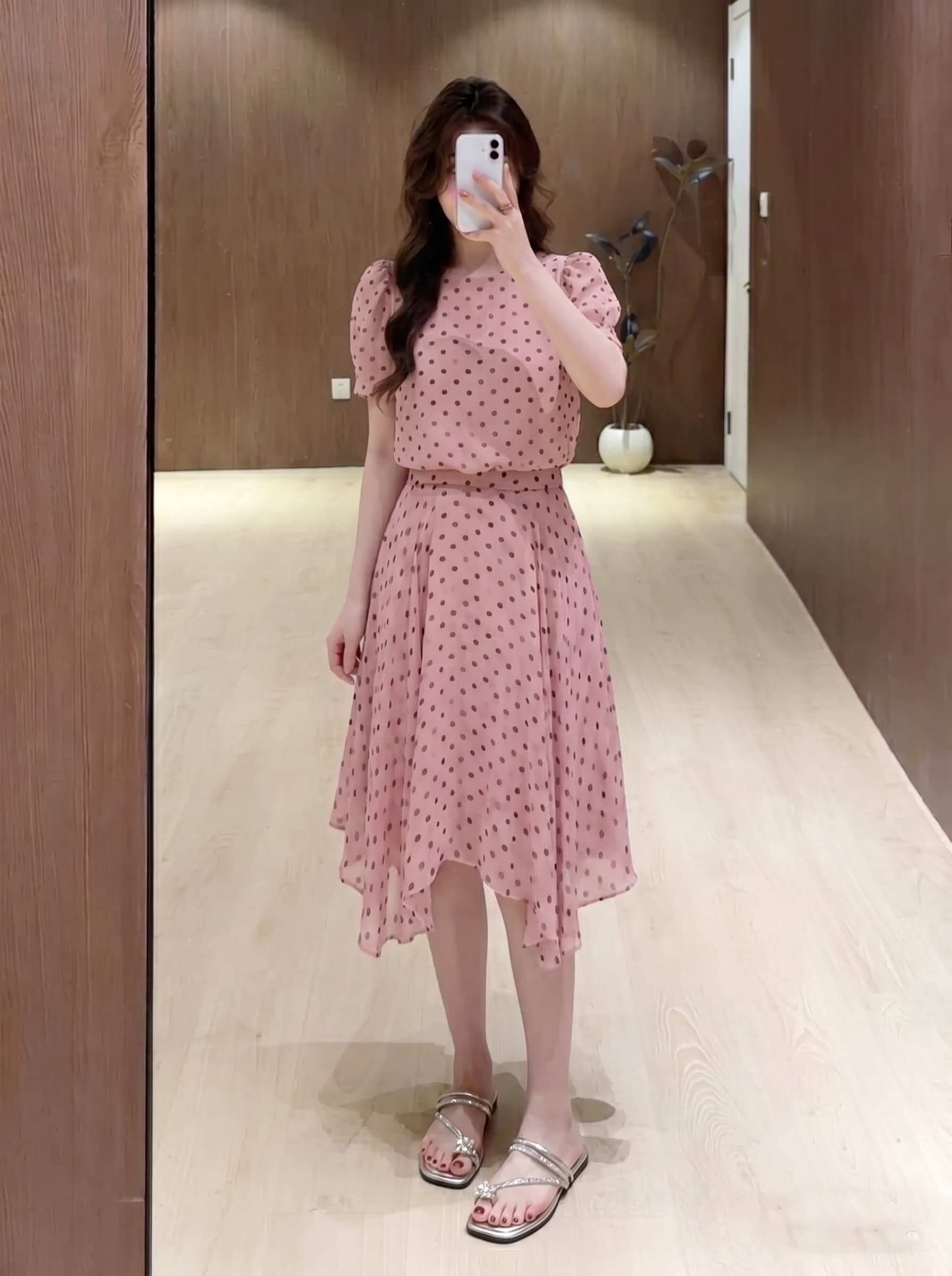 실사 빅 사이즈 여름 새로운 분말 안개 도트 무늬 프랑스식 거품 소매 하이웨이스트 표지 고기 슬림해 보이는 한 마디 여성 드레스 상세 이미지 4