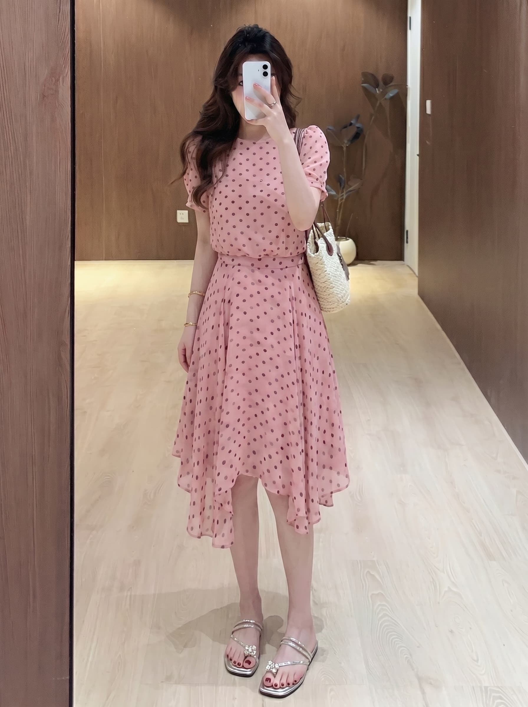 실사 빅 사이즈 여름 새로운 분말 안개 도트 무늬 프랑스식 거품 소매 하이웨이스트 표지 고기 슬림해 보이는 한 마디 여성 드레스 상세 이미지 2