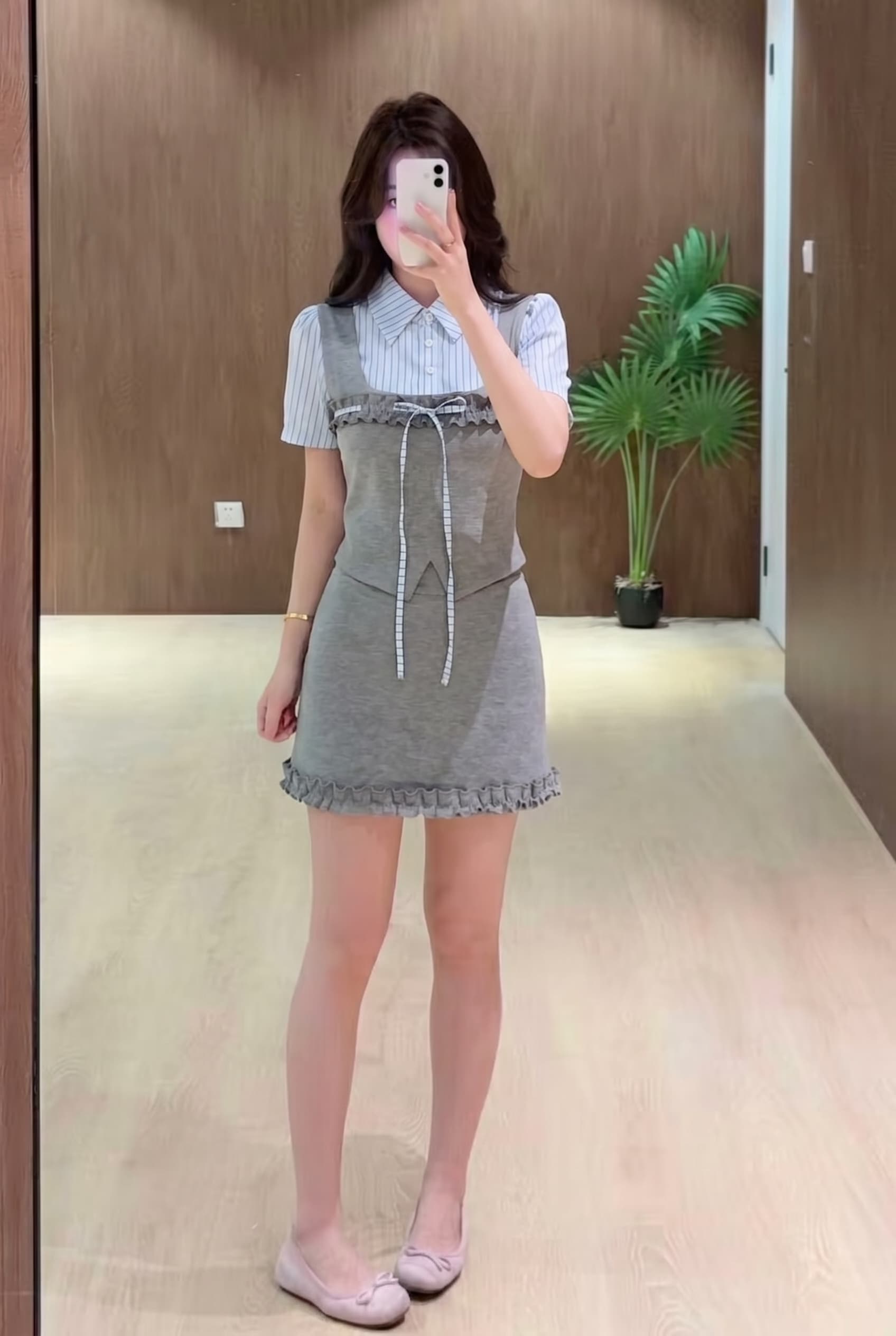실사 빅 사이즈 여름 학원 스타일 스트라이프 페이크 레이어드 맨위 프릴 미니 스커트 패션 세트 여성 한 부서 이미지 3