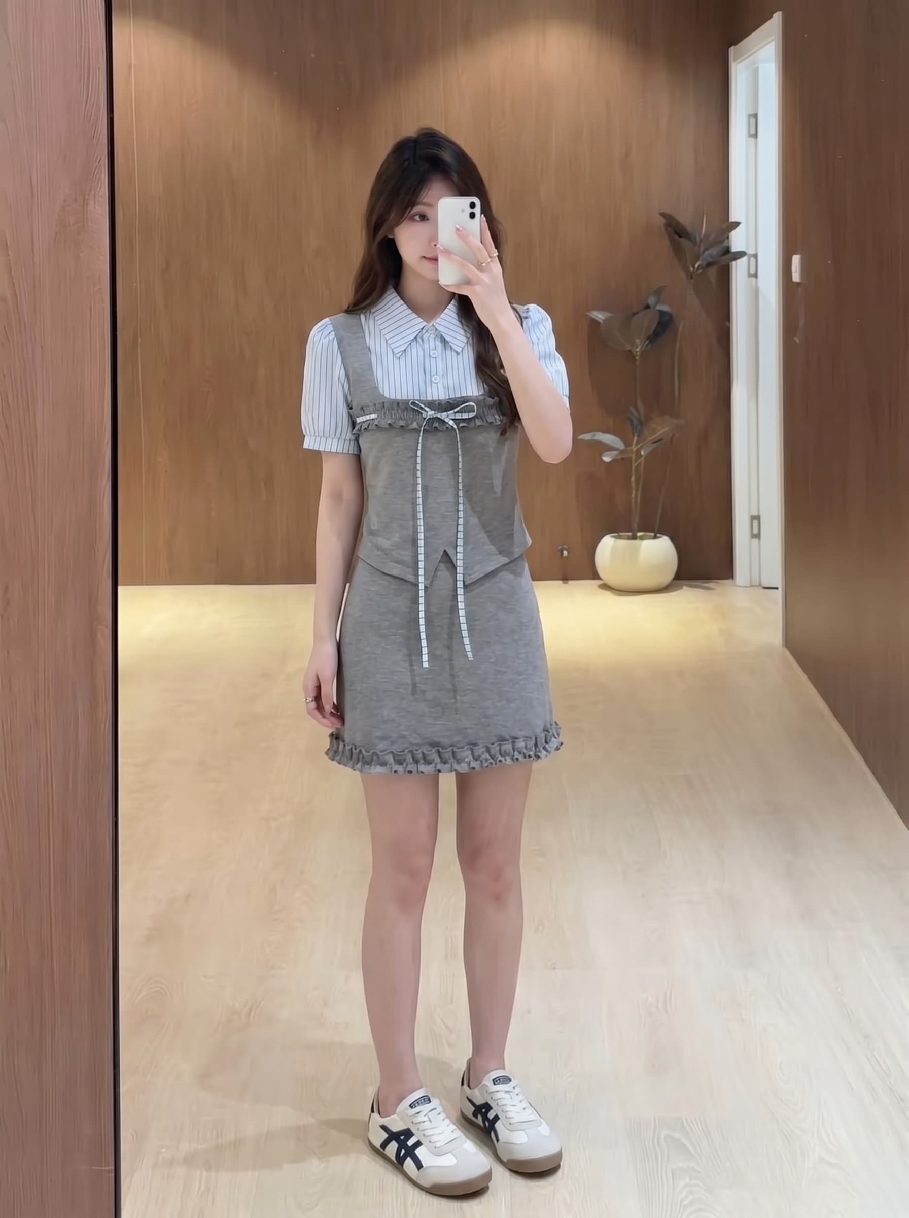 실사 빅 사이즈 여름 학원 스타일 스트라이프 페이크 레이어드 맨위 프릴 미니 스커트 패션 세트 여성 한 부서 이미지 4