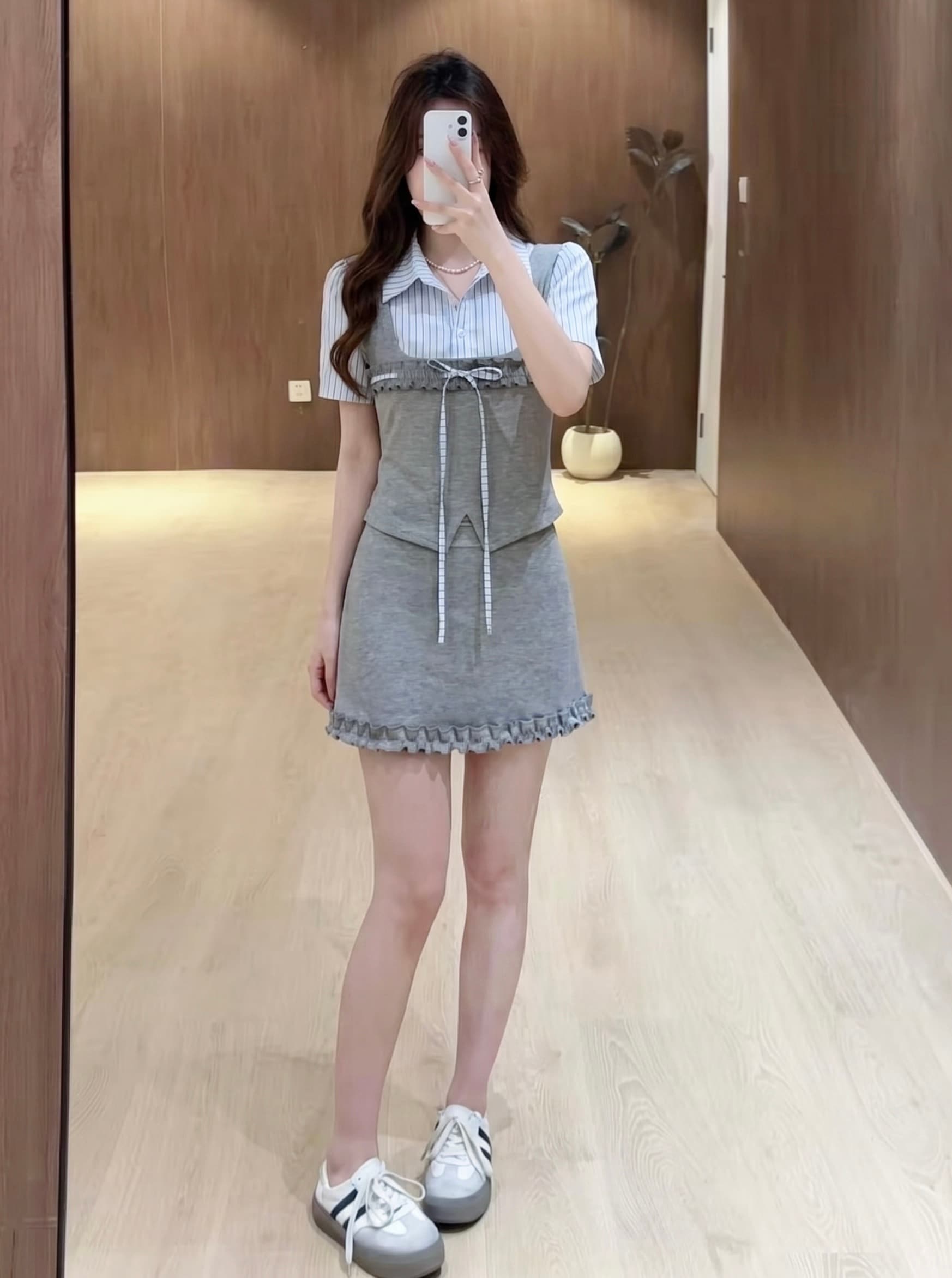 실사 빅 사이즈 여름 학원 스타일 스트라이프 페이크 레이어드 맨위 프릴 미니 스커트 패션 세트 여성 한 부서 이미지 2