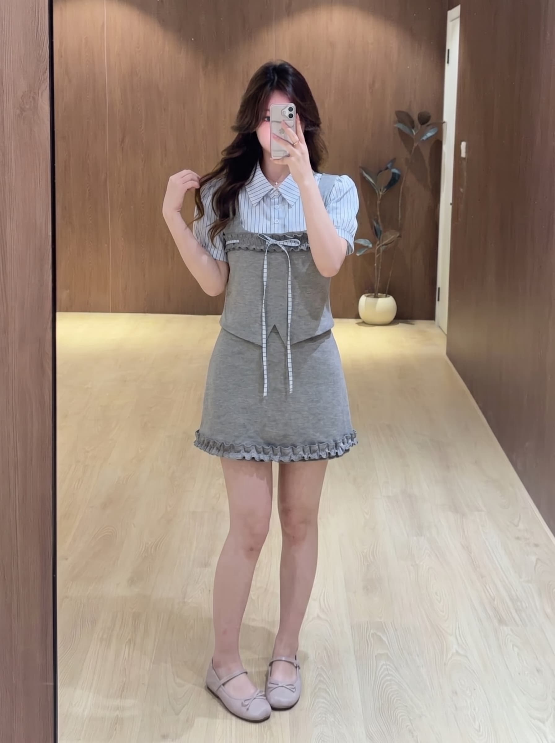 실사 빅 사이즈 여름 학원 스타일 스트라이프 페이크 레이어드 맨위 프릴 미니 스커트 패션 세트 여성 한 부서 상세 이미지 4