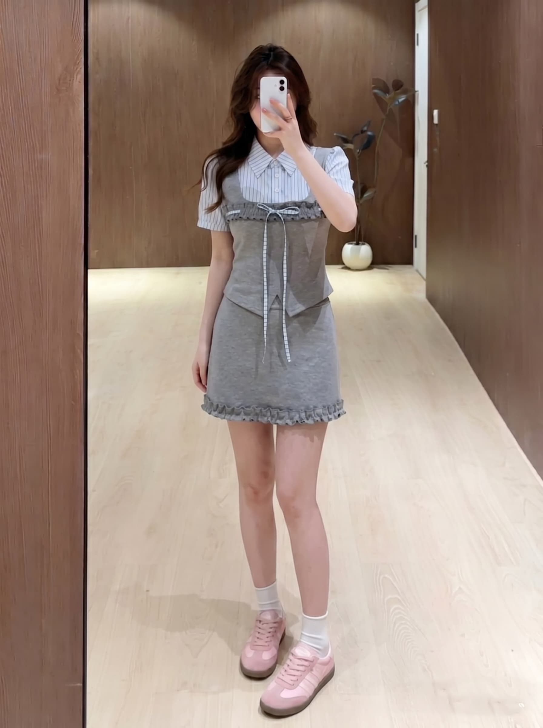실사 빅 사이즈 여름 학원 스타일 스트라이프 페이크 레이어드 맨위 프릴 미니 스커트 패션 세트 여성 한 부서 상세 이미지 5
