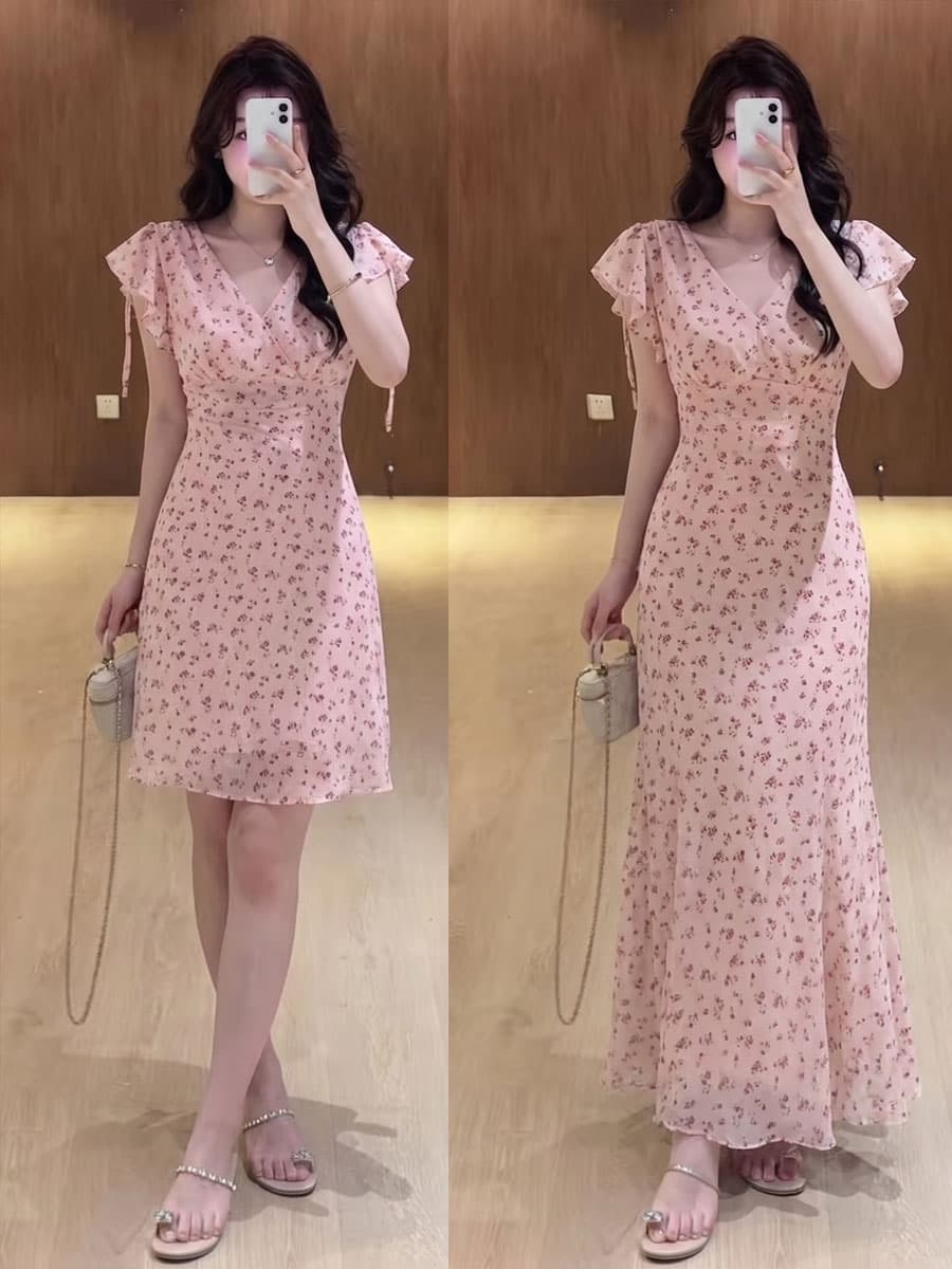 실사 빅 사이즈 여름 핑크색 V넥 프릴 스트랩 꽃무늬 쉬폰 품격 슬림해 보이는 몸매 가꾸기 여성 드레스 이미지 2