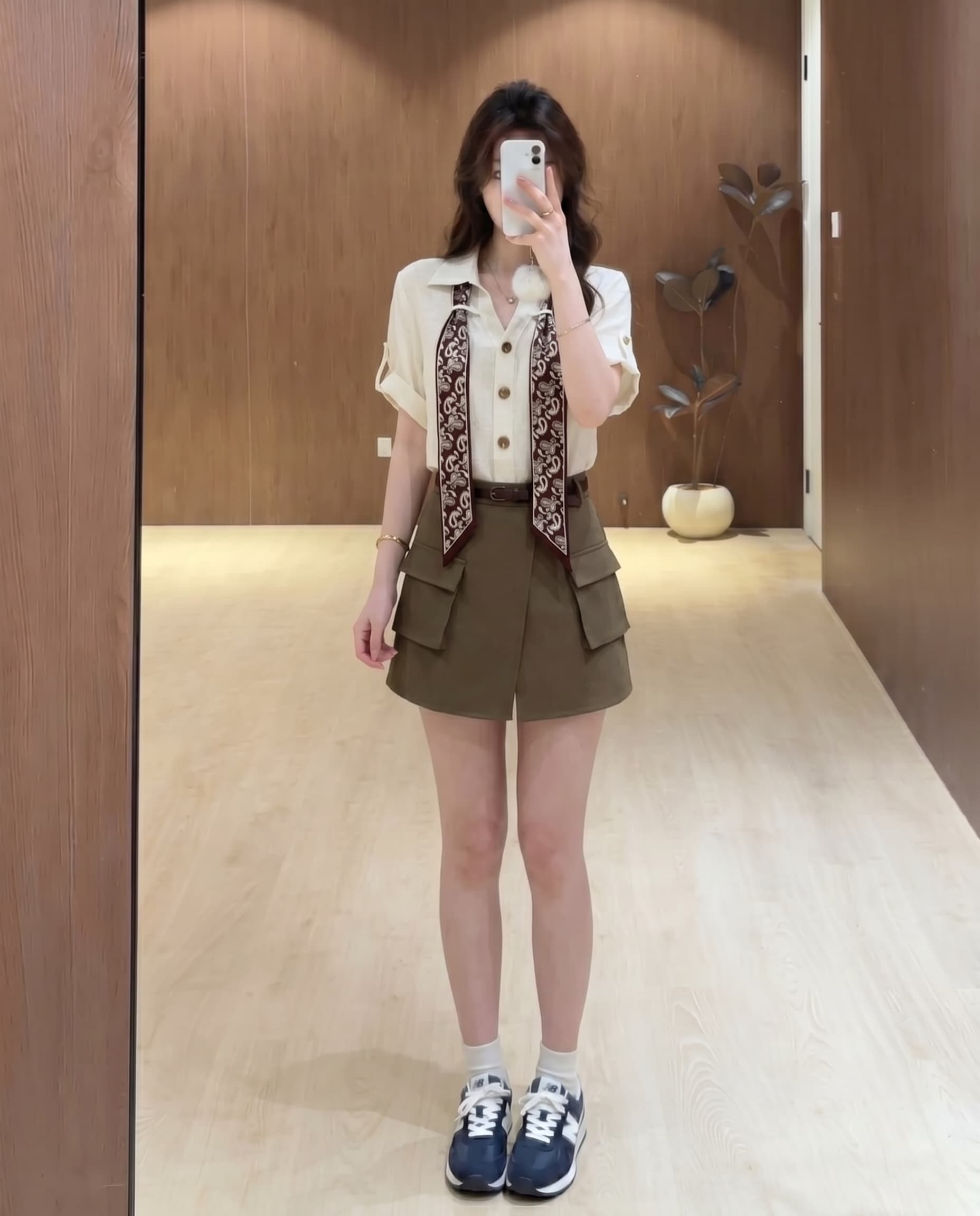 실사 빅 사이즈 한 부서 오래된 돈 바람 품격 여성 여름 차가운 바람의 소리 폴로 칼라 스카프 셔츠 워크웨어 미니 스커트 투피스 세트 상세 이미지 9