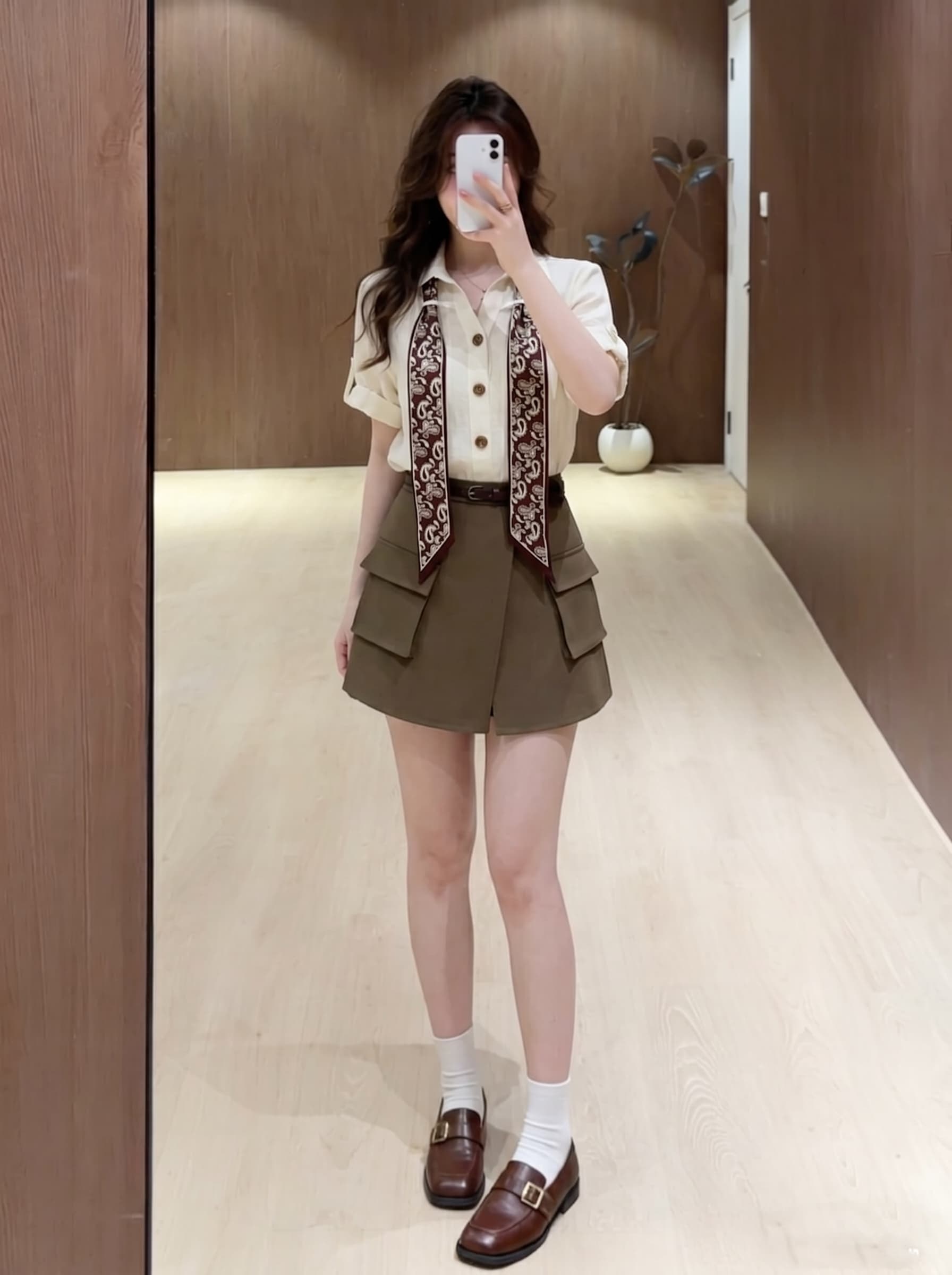 실사 빅 사이즈 한 부서 오래된 돈 바람 품격 여성 여름 차가운 바람의 소리 폴로 칼라 스카프 셔츠 워크웨어 미니 스커트 투피스 세트 이미지 3