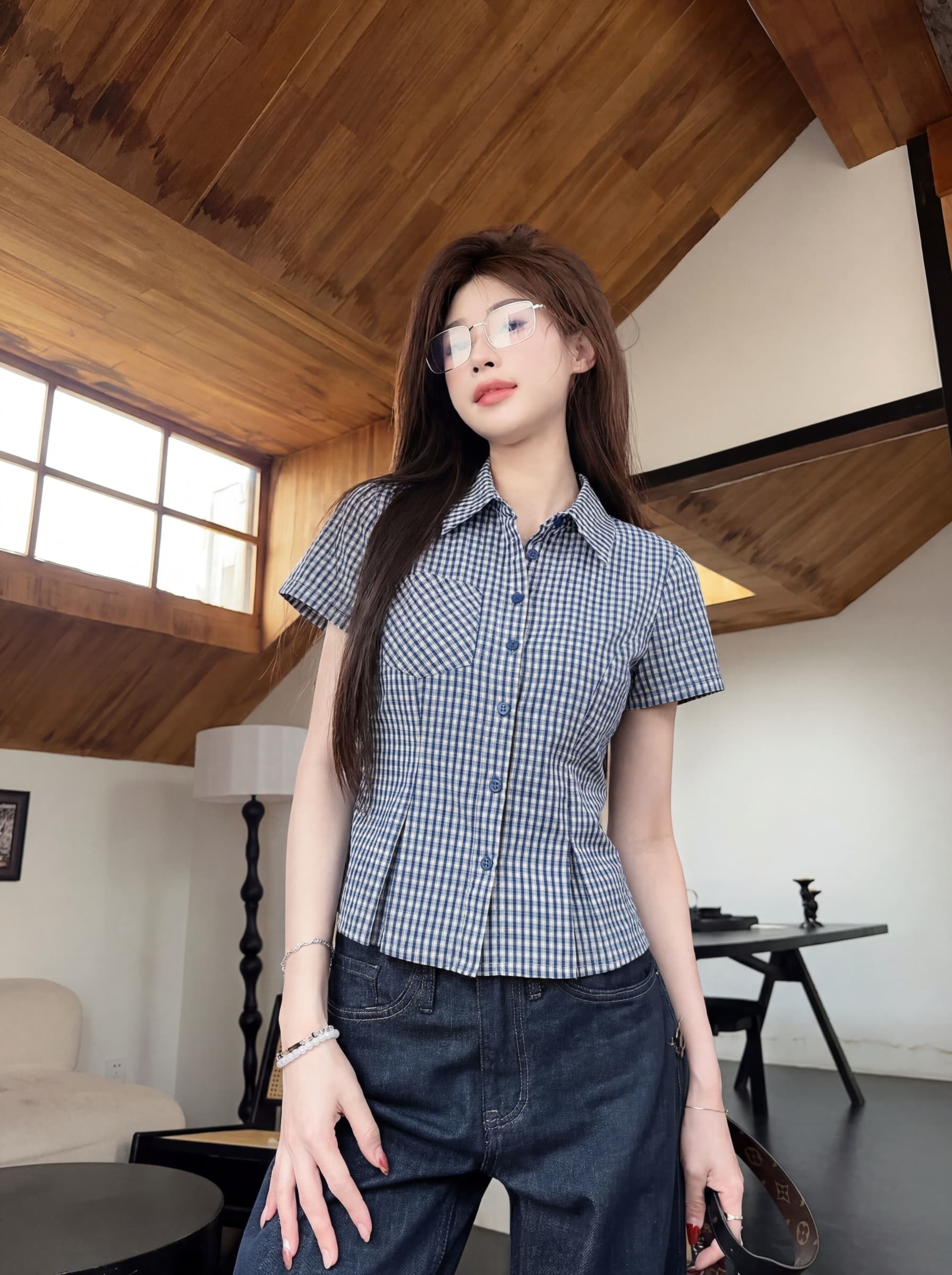 실사 빅 사이즈 한 부서 레트로 패치워크 체크무늬 파란색 단추 반팔 셔츠 여름 몸매 가꾸기 슬림해 보이는 캐주얼 맨위 상세 이미지 1