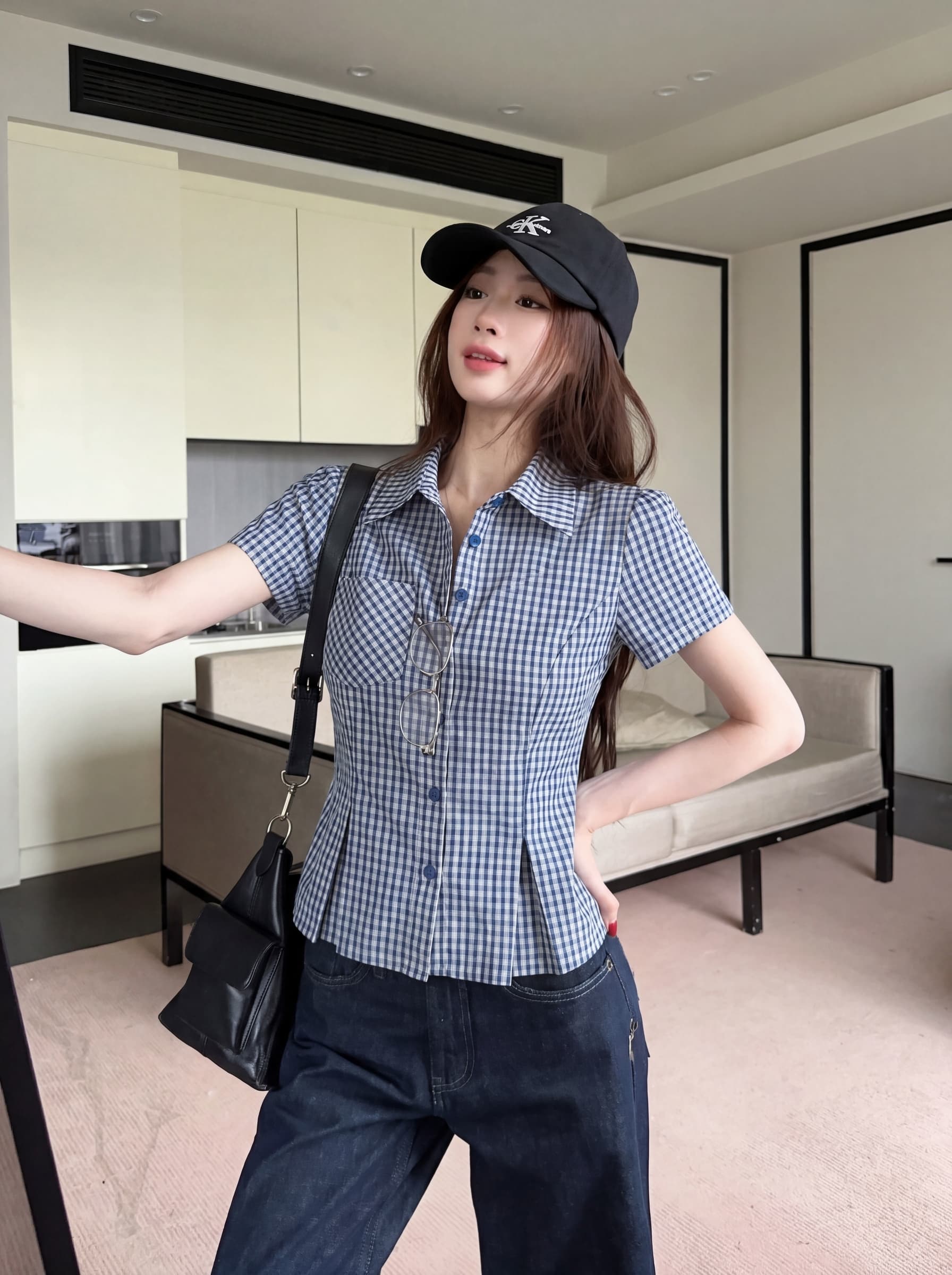 실사 빅 사이즈 한 부서 레트로 패치워크 체크무늬 파란색 단추 반팔 셔츠 여름 몸매 가꾸기 슬림해 보이는 캐주얼 맨위 상세 이미지 3