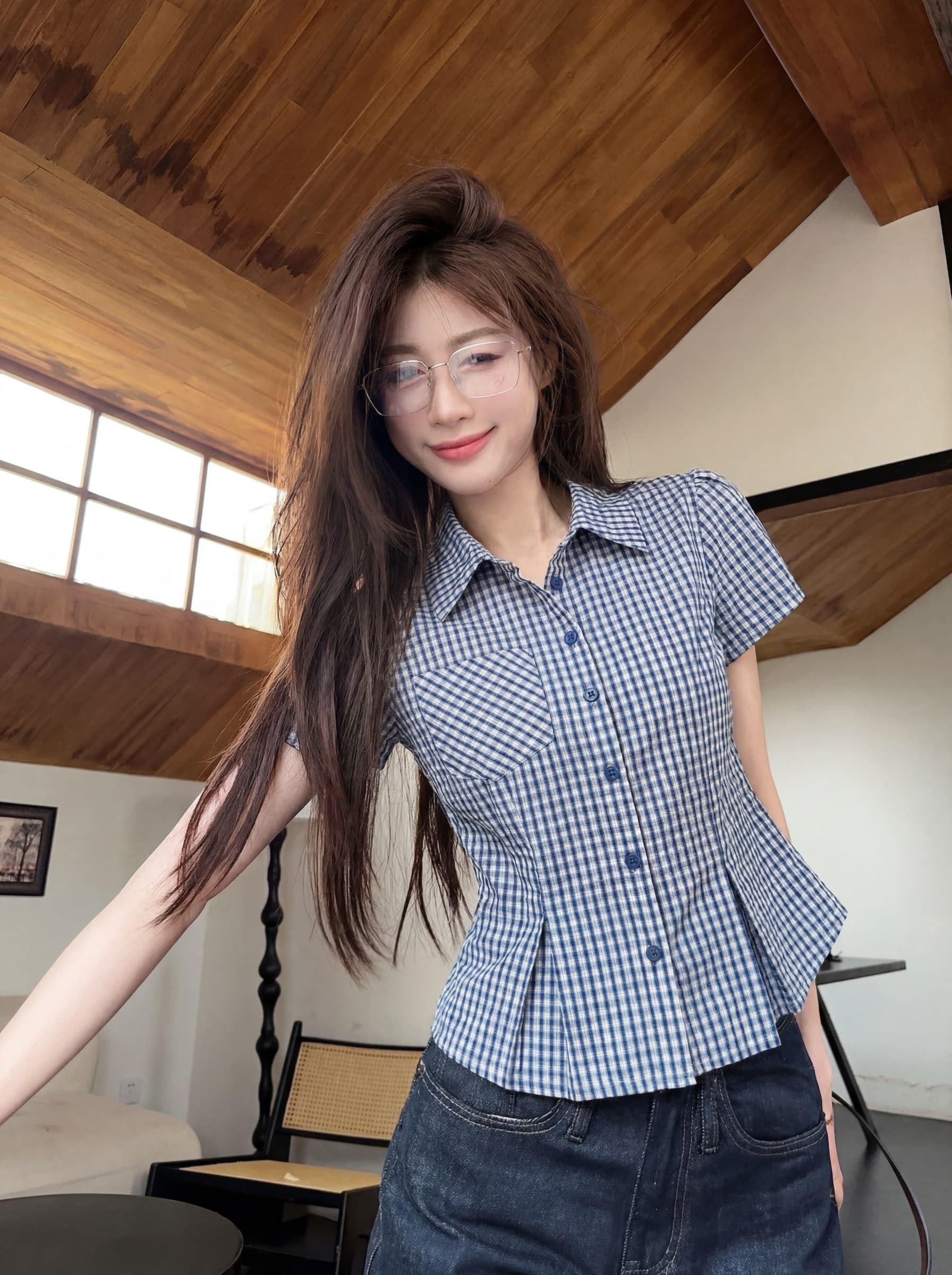 실사 빅 사이즈 한 부서 레트로 패치워크 체크무늬 파란색 단추 반팔 셔츠 여름 몸매 가꾸기 슬림해 보이는 캐주얼 맨위 상세 이미지 4