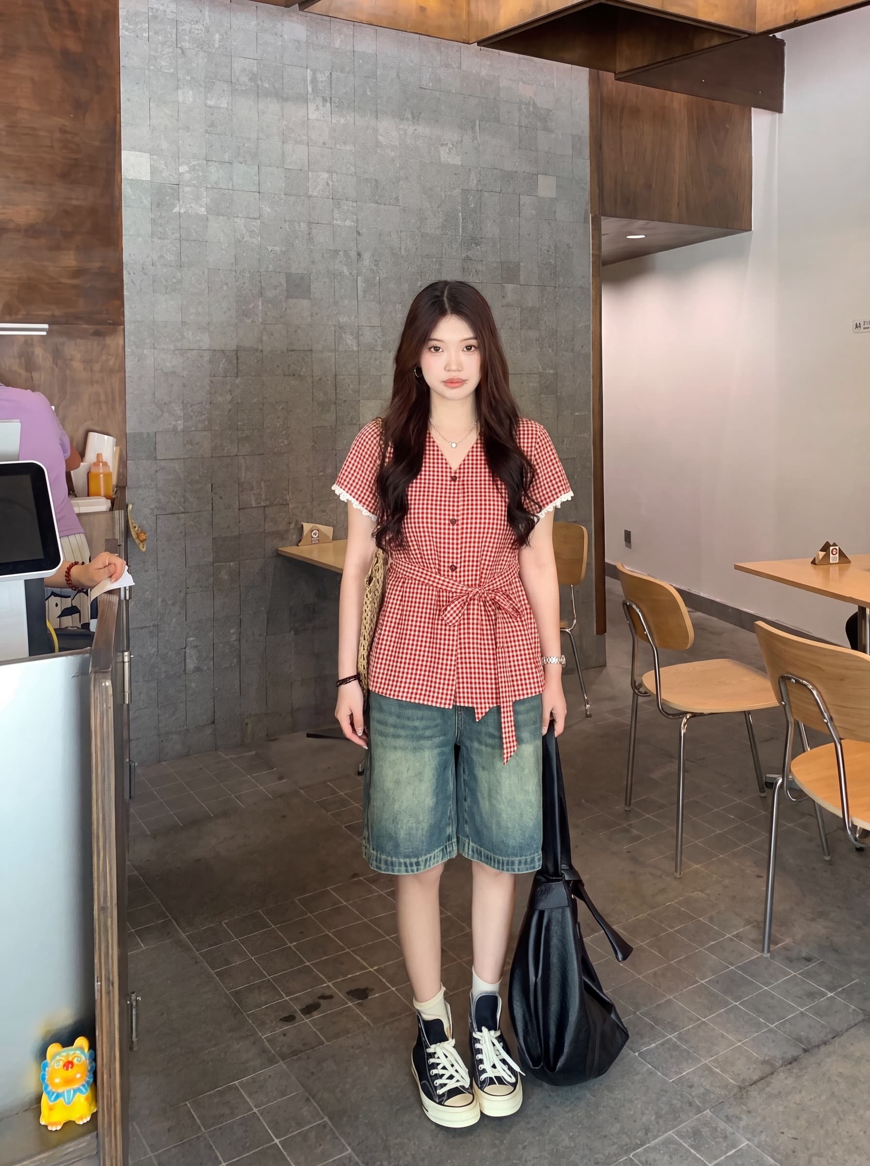 실사 빅 사이즈 지방 mm 여름 드레스 새로운 한 부서 V넥 레이스 레이스 체크무늬 반팔 작은 셔츠 맨위 상세 이미지 7