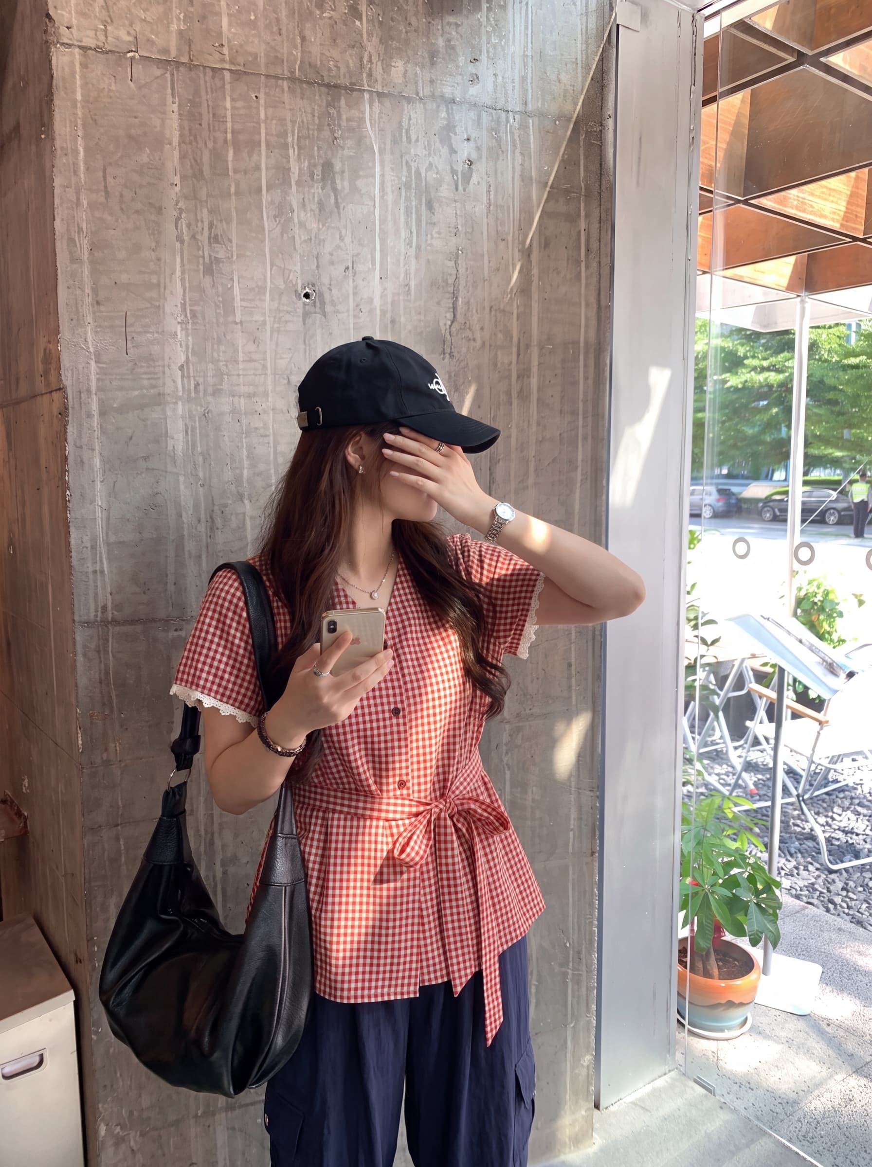 실사 빅 사이즈 지방 mm 여름 드레스 새로운 한 부서 V넥 레이스 레이스 체크무늬 반팔 작은 셔츠 맨위 상세 이미지 11