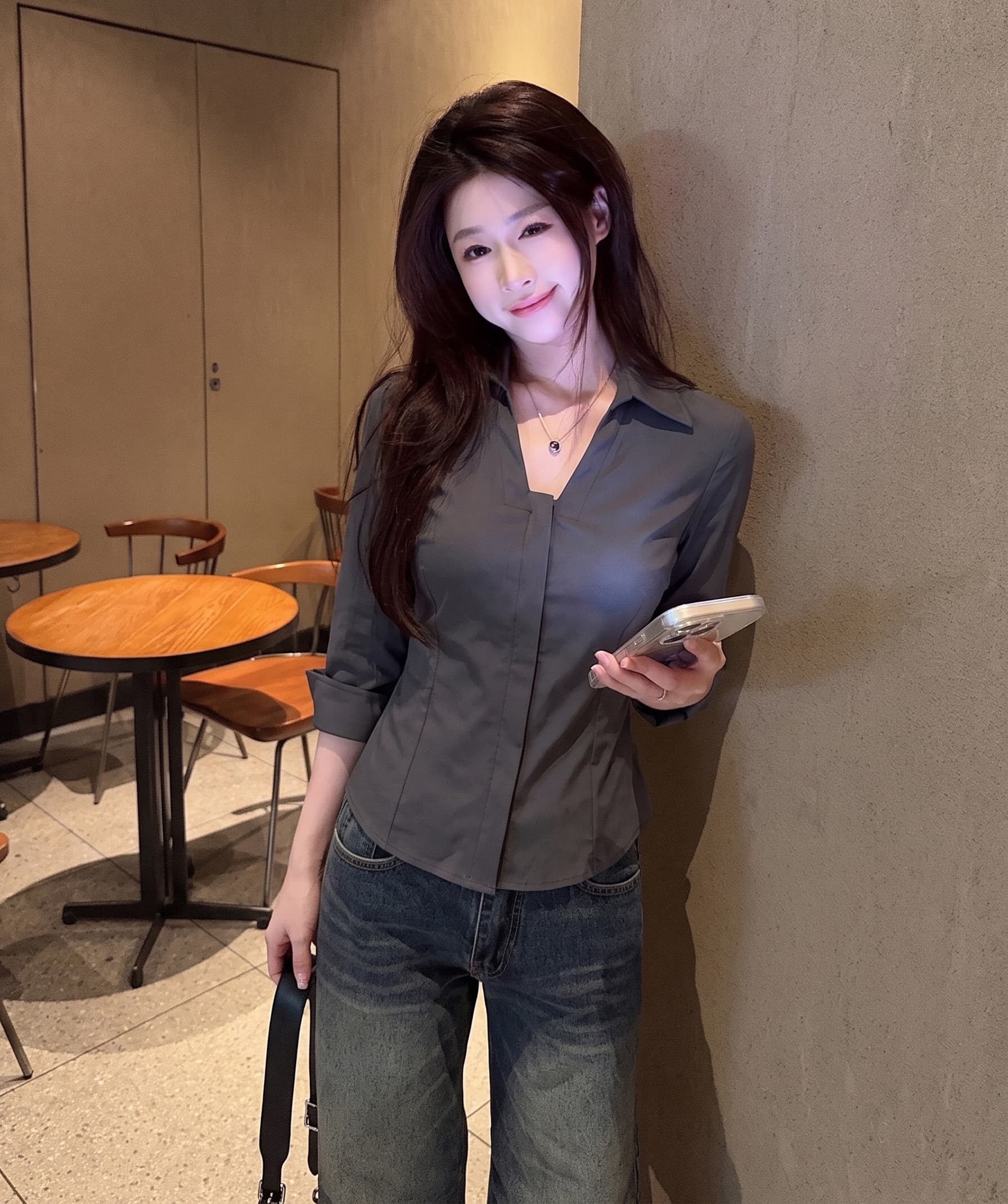 실사 빅 사이즈 지방 mm 아메리칸 POLO 셔츠 중간 소매 뒤집다 접기 여성 여름 높음 지혜 센스 허리 수축 슬림해 보이는 몸매 가꾸기 상세 이미지 4