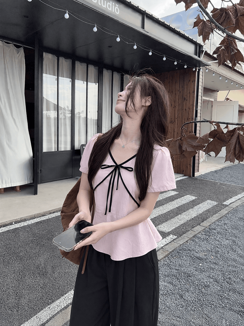 실사 빅 사이즈 지방 mm 한 셔츠 여성 여름 새로운 연령 감소 V넥 달콤함 배색 스트랩 맨위 이미지 3