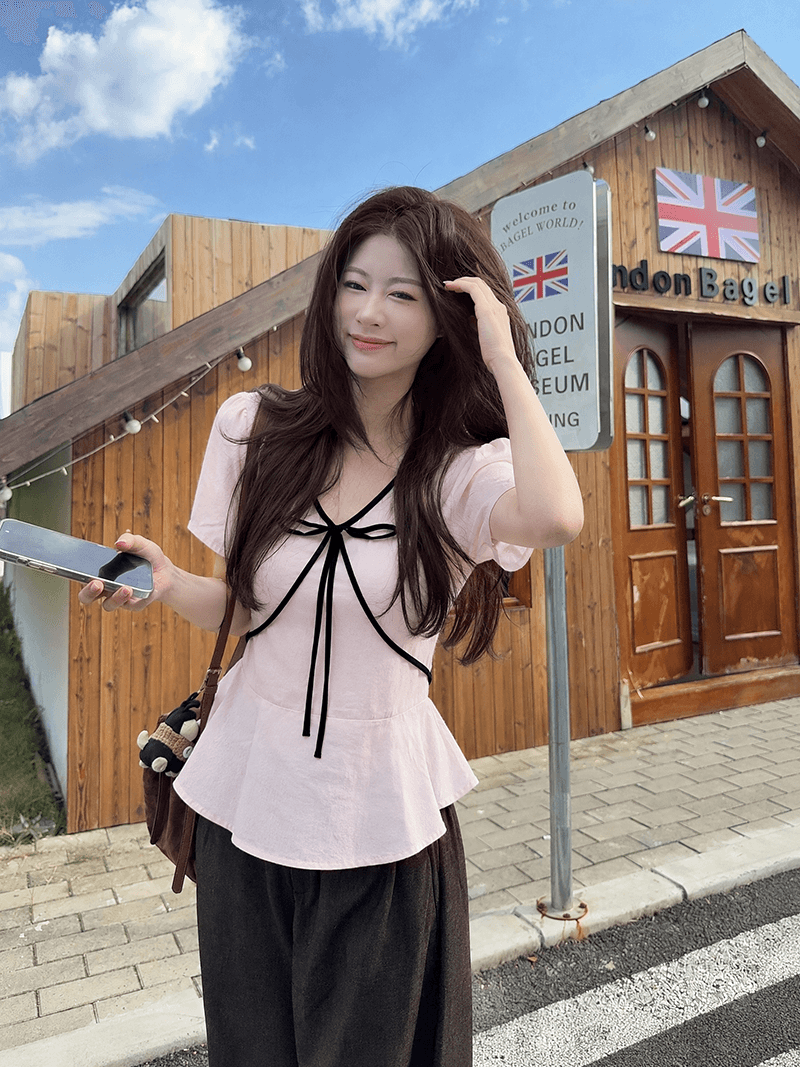 실사 빅 사이즈 지방 mm 한 셔츠 여성 여름 새로운 연령 감소 V넥 달콤함 배색 스트랩 맨위 상세 이미지 6