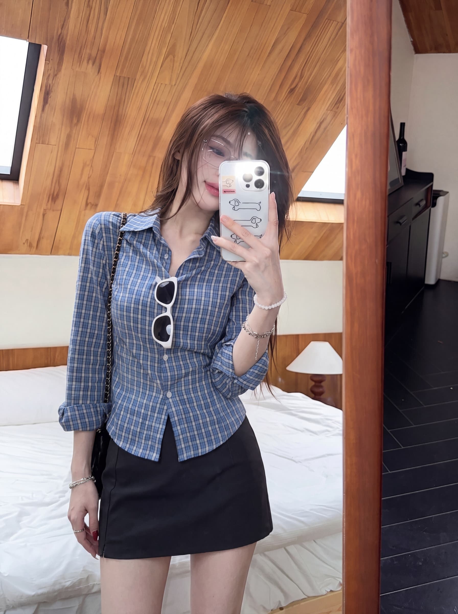 실사 빅 사이즈 한 부서 POLO 칼라 체크무늬 7부 소매 여성 셔츠 여름 허리 수축 슬림해 보이는 디자인 센스 품격 맨위 상세 이미지 1