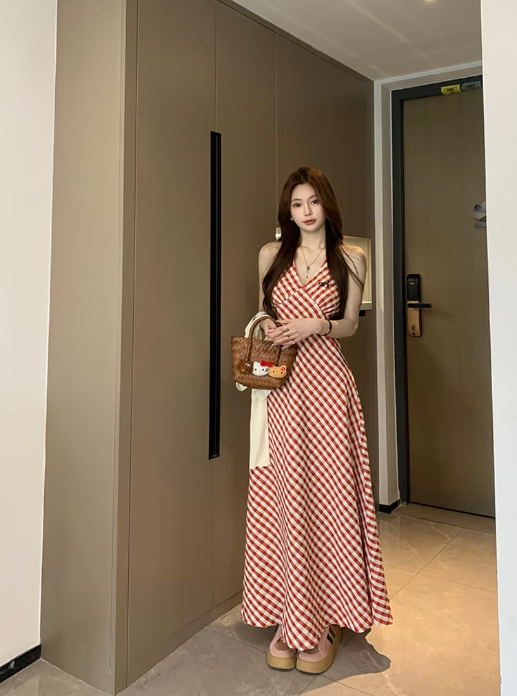 실사 1200 조각 빅 사이즈 여성 의류 레트로 체크무늬 슬림해 보이는 디자인 센스 드레스 고급 센스 행침 목 치마 상세 이미지 9