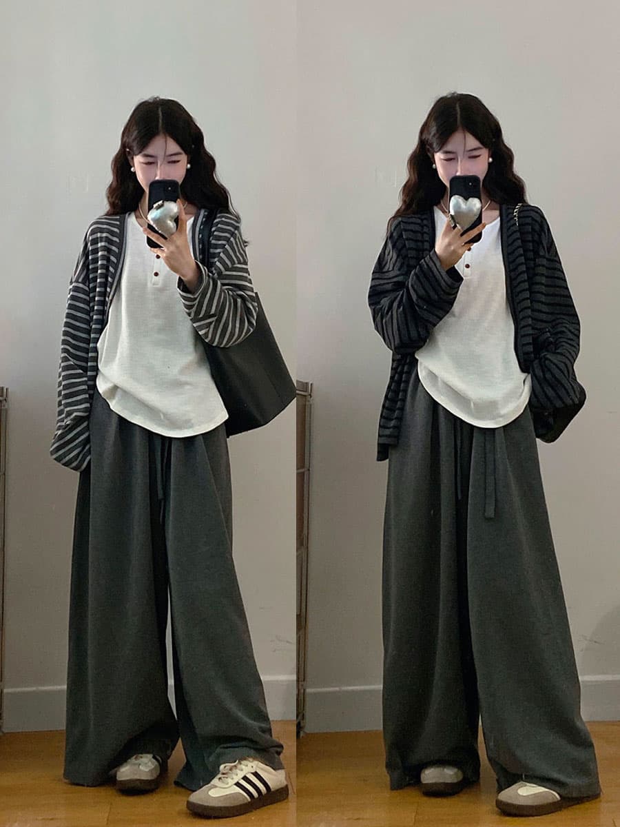 실사 빅 사이즈 여성 의류 가을 느긋한 바람 아메리칸 배색 스트라이프 긴팔 인사이드 가져 가라. 조끼 캐주얼 긴 바지 세트