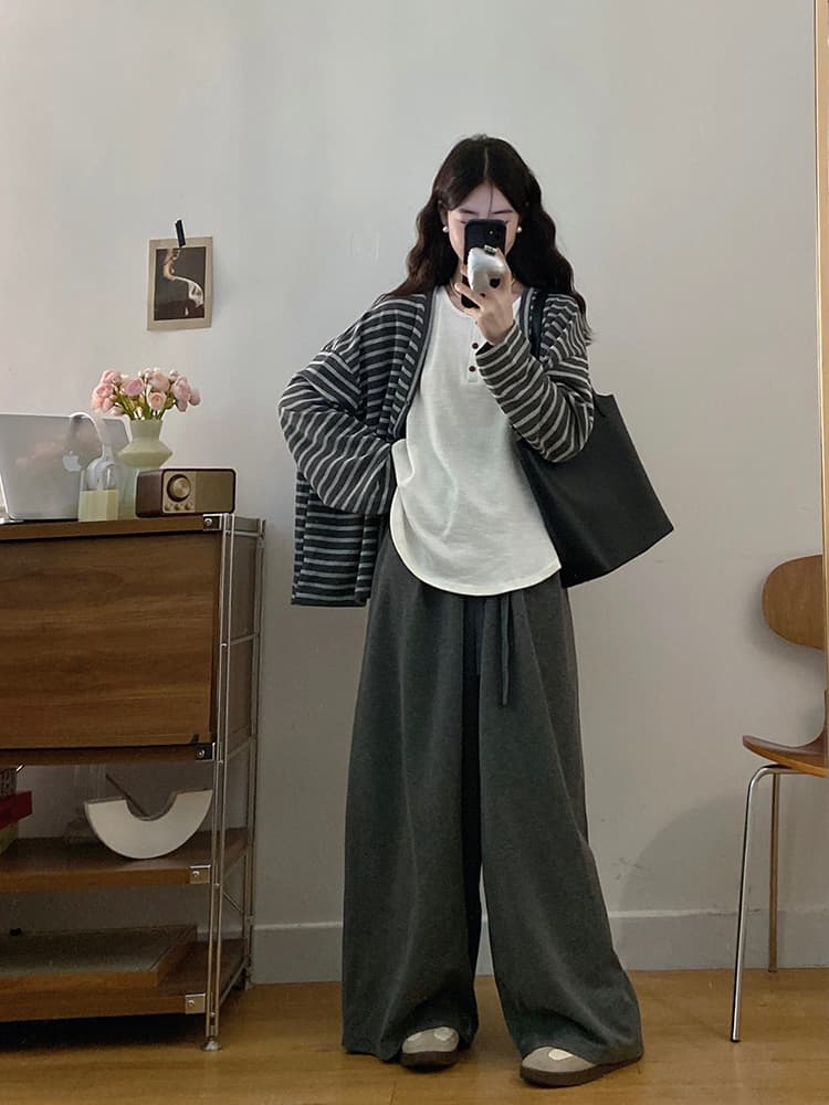 실사 빅 사이즈 여성 의류 가을 느긋한 바람 아메리칸 배색 스트라이프 긴팔 인사이드 가져 가라. 조끼 캐주얼 긴 바지 세트 이미지 2