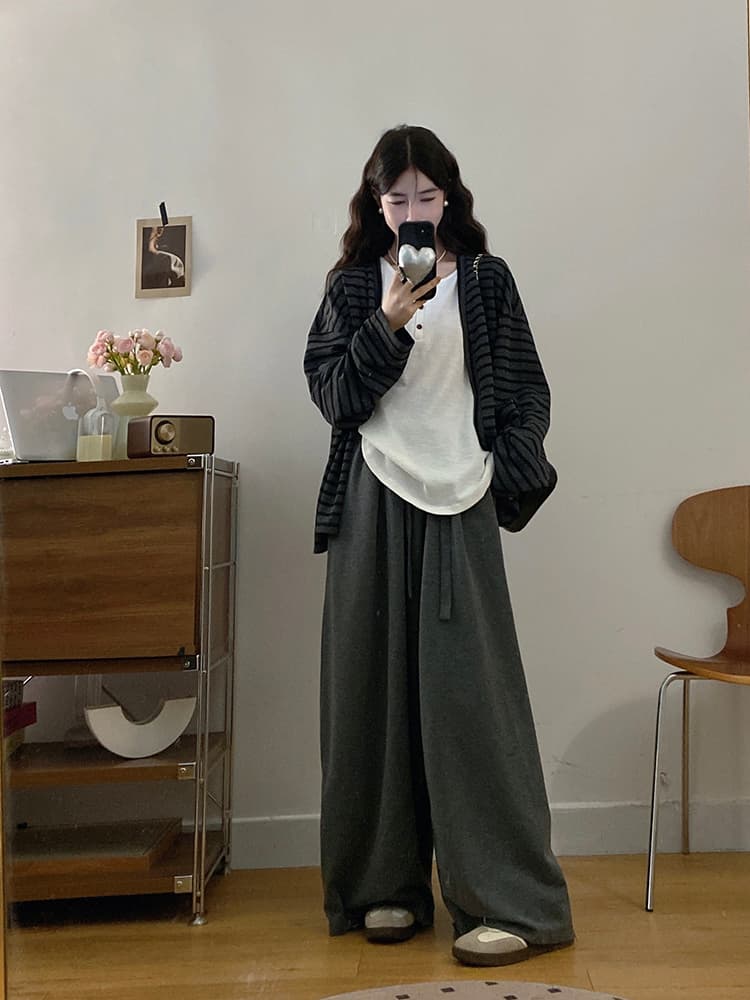 실사 빅 사이즈 여성 의류 가을 느긋한 바람 아메리칸 배색 스트라이프 긴팔 인사이드 가져 가라. 조끼 캐주얼 긴 바지 세트 이미지 4