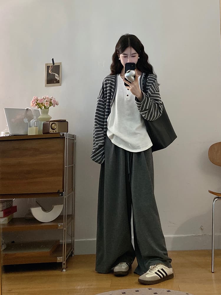실사 빅 사이즈 여성 의류 가을 느긋한 바람 아메리칸 배색 스트라이프 긴팔 인사이드 가져 가라. 조끼 캐주얼 긴 바지 세트 상세 이미지 3