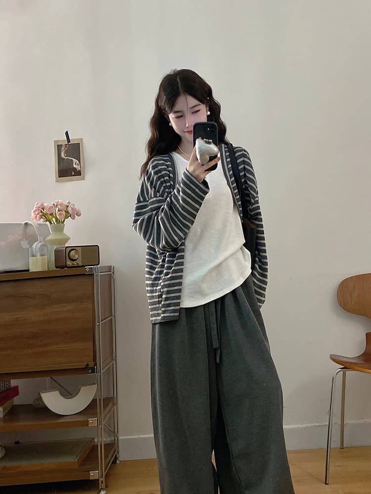실사 빅 사이즈 여성 의류 가을 느긋한 바람 아메리칸 배색 스트라이프 긴팔 인사이드 가져 가라. 조끼 캐주얼 긴 바지 세트 상세 이미지 7