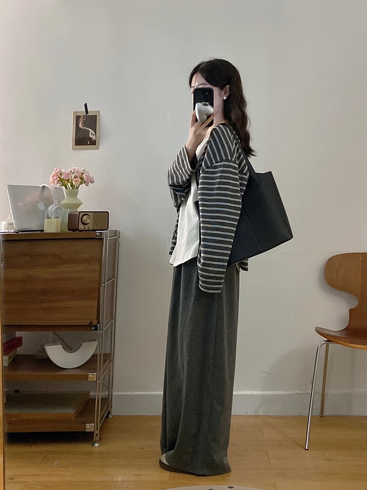 실사 빅 사이즈 여성 의류 가을 느긋한 바람 아메리칸 배색 스트라이프 긴팔 인사이드 가져 가라. 조끼 캐주얼 긴 바지 세트 상세 이미지 10