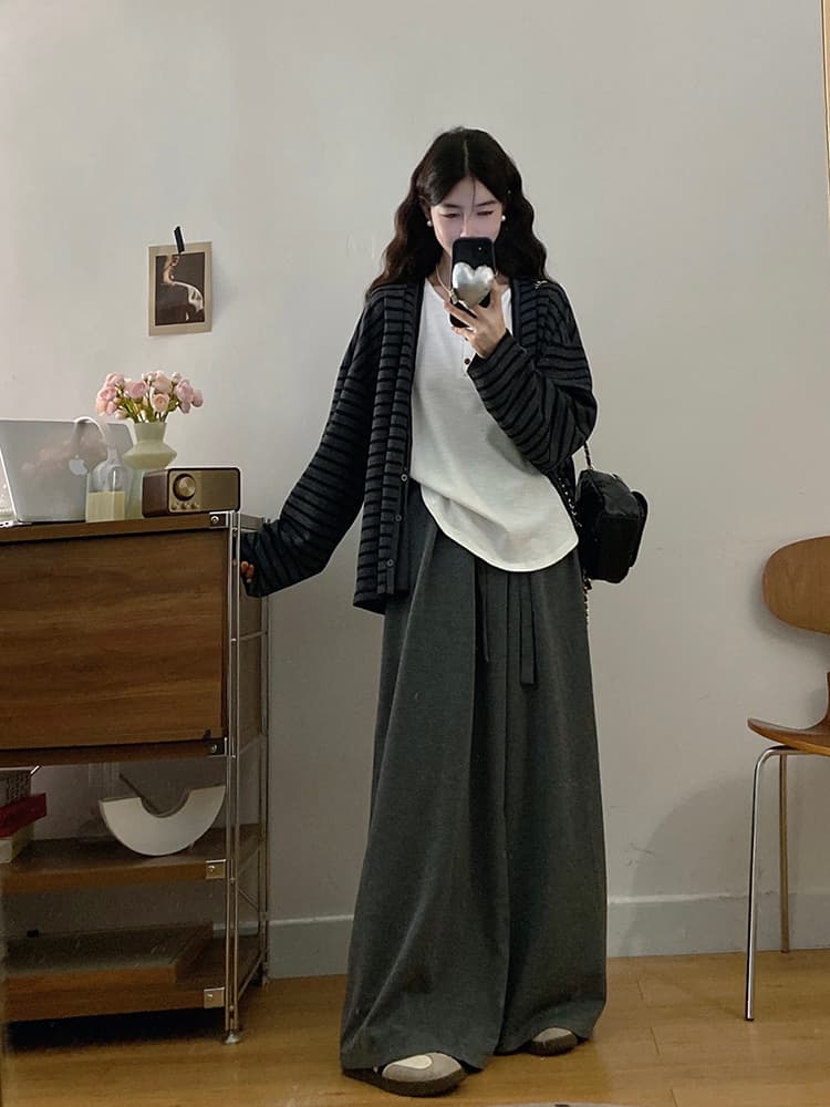 실사 빅 사이즈 여성 의류 가을 느긋한 바람 아메리칸 배색 스트라이프 긴팔 인사이드 가져 가라. 조끼 캐주얼 긴 바지 세트 상세 이미지 14