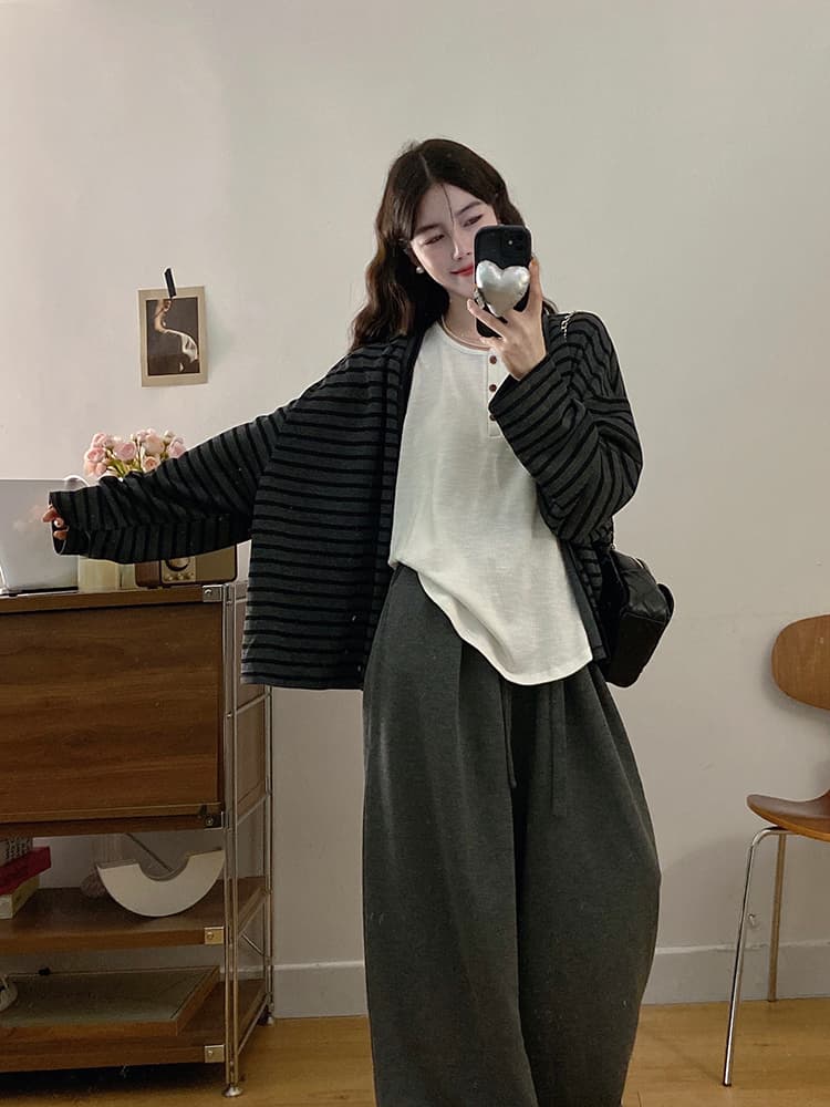 실사 빅 사이즈 여성 의류 가을 느긋한 바람 아메리칸 배색 스트라이프 긴팔 인사이드 가져 가라. 조끼 캐주얼 긴 바지 세트 상세 이미지 16