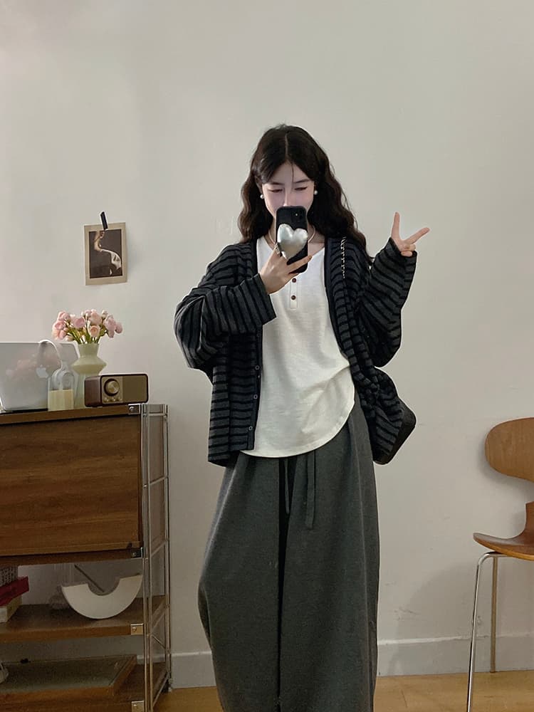 실사 빅 사이즈 여성 의류 가을 느긋한 바람 아메리칸 배색 스트라이프 긴팔 인사이드 가져 가라. 조끼 캐주얼 긴 바지 세트 상세 이미지 17