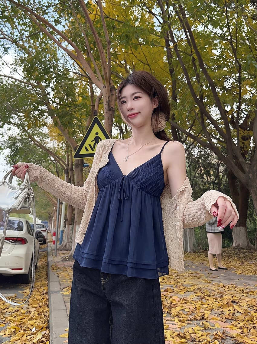 실사 빅 사이즈 가을 새로운 한 부서 버블 오픈 가디건 순수한 욕망 V넥 캐미솔 디자인 센스 세트 이미지 3
