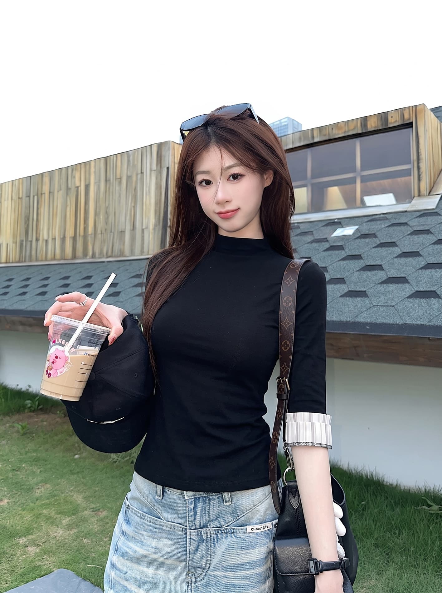 실사 빅 사이즈 가을 새로운 프랑스식 검정색 반하이넥 니트 스웨터 여성 패치워크 몸매 가꾸기 슬림해 보이는 다용도 맨위 상세 이미지 1