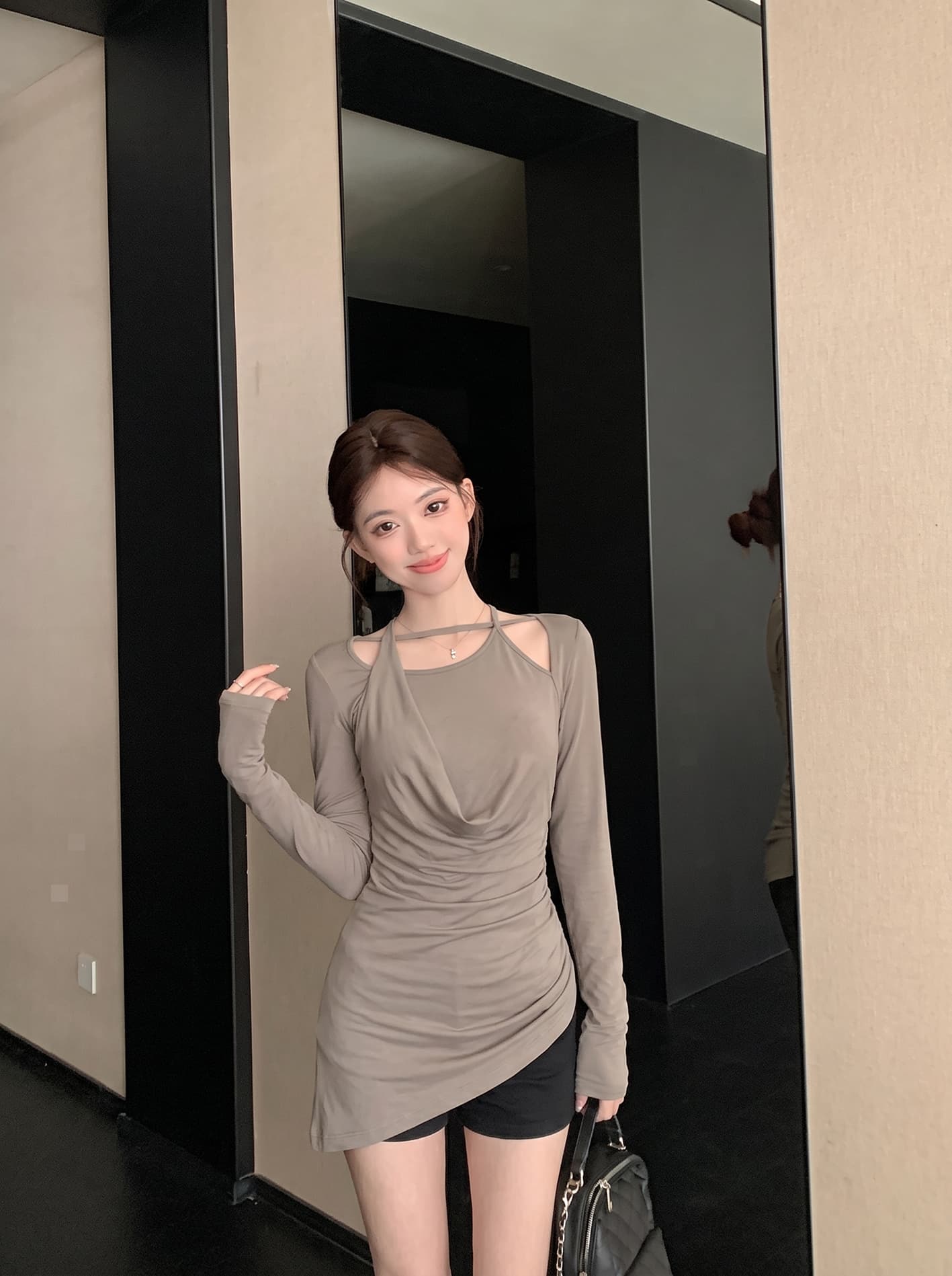 실사 빅 사이즈 불규칙 행침 목 u 칼라 패치워크 긴팔 티셔츠 여성 새로운 가을 한 부서 허리 수축 맨위 상세 이미지 2