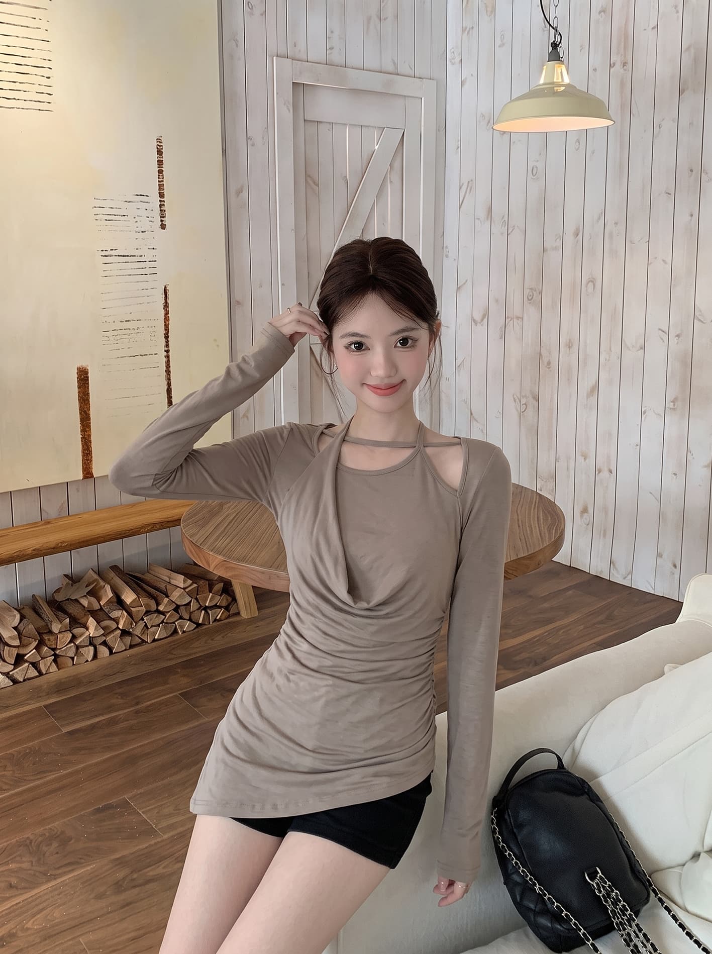 실사 빅 사이즈 불규칙 행침 목 u 칼라 패치워크 긴팔 티셔츠 여성 새로운 가을 한 부서 허리 수축 맨위 상세 이미지 7