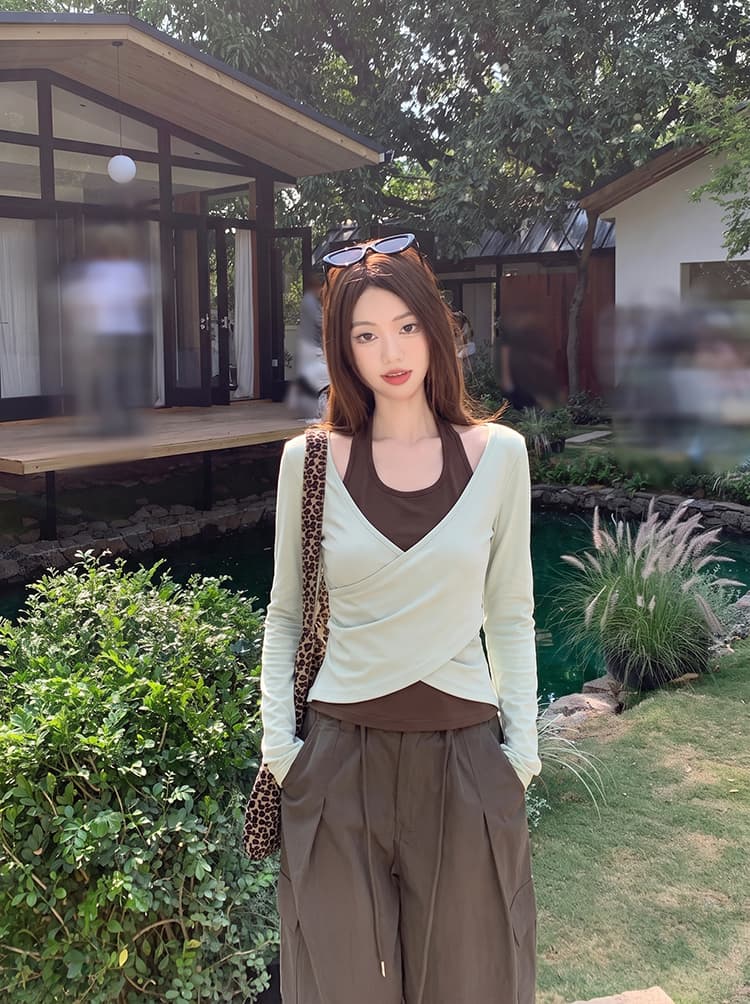 실사 빅 사이즈 여성 의류 한 부서 착용 가져 가라. 페이크 레이어드 행침 목 긴팔 티셔츠 여성 가을 디자인 센스 몸매 가꾸기 맨위 이미지 3