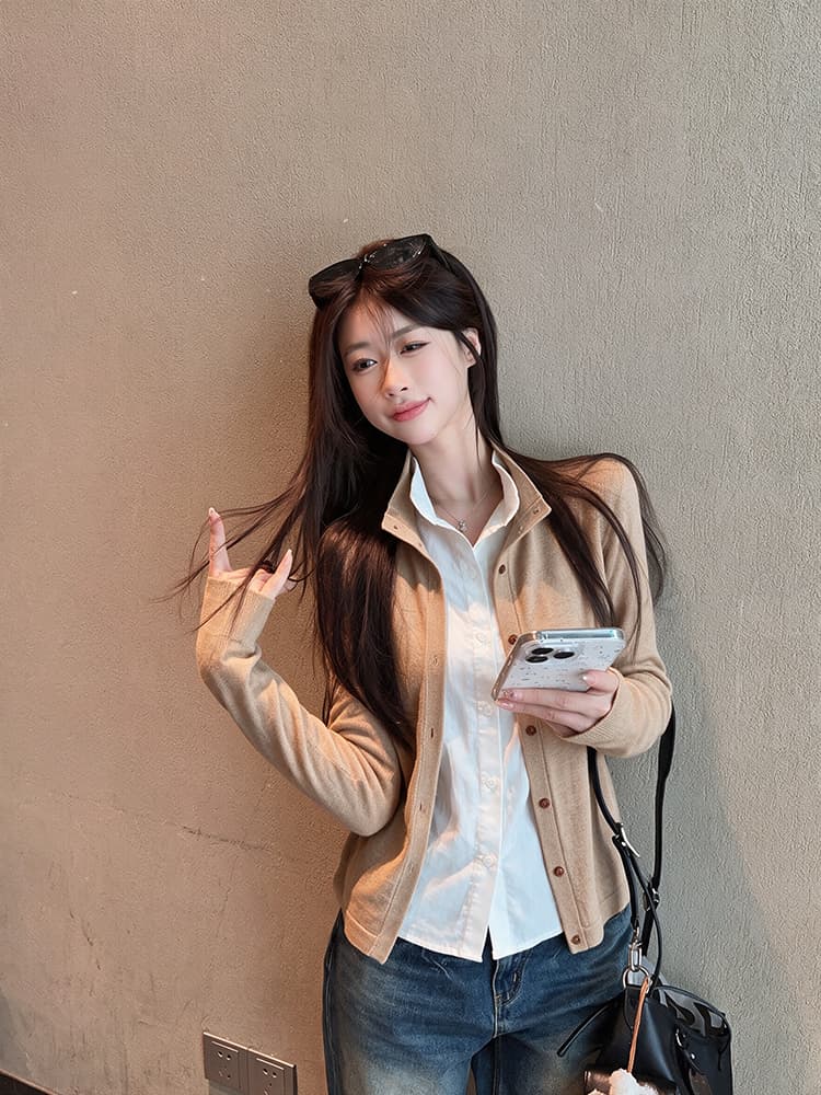 실사 빅 사이즈 여성 의류 오래된 돈 바람 고급 센스 아마 셔츠 스택 착용 니트 오픈 가디건 페이크 레이어드 맨위 니트 상세 이미지 12
