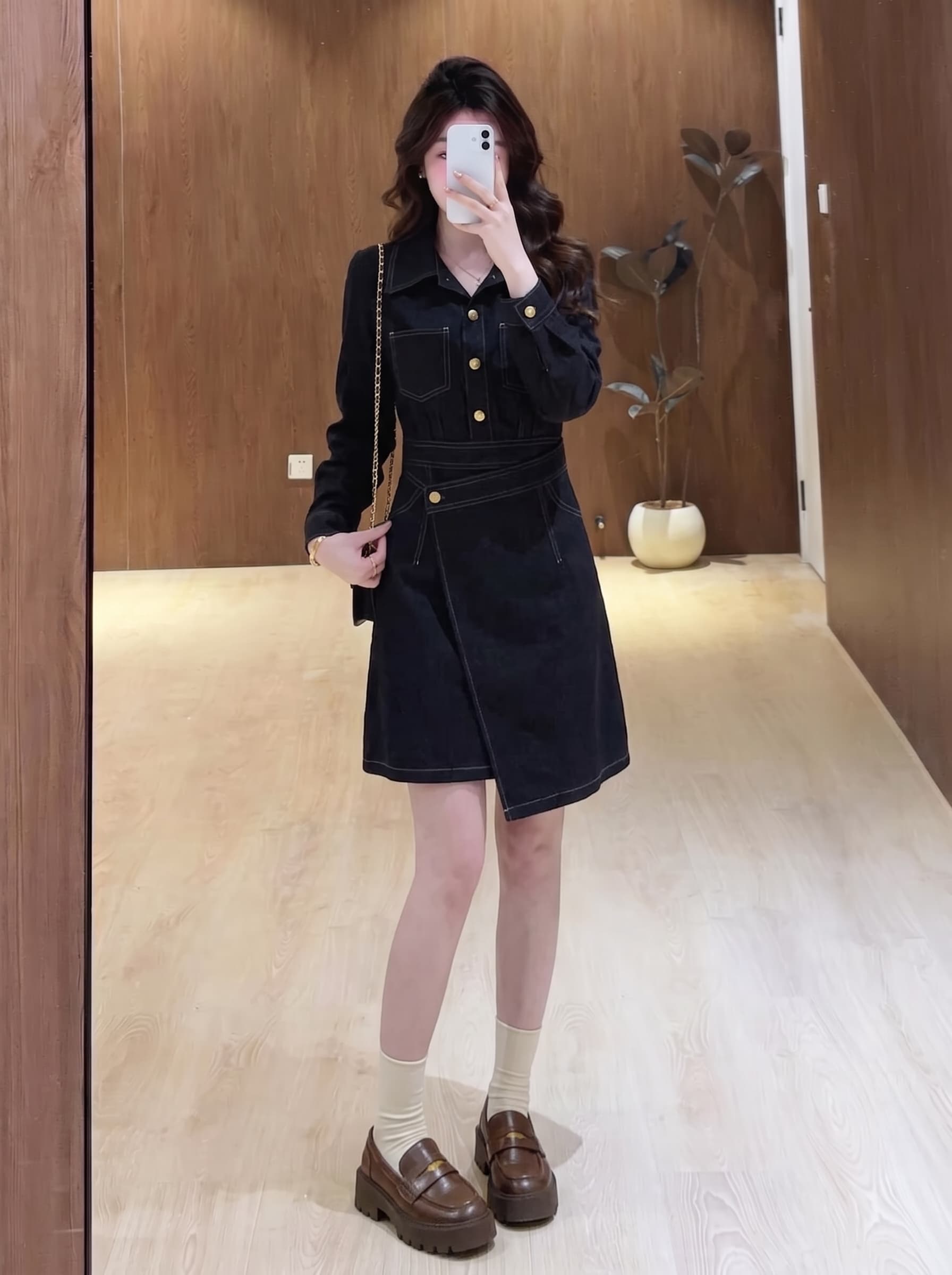 실사 빅 사이즈 여성 의류 가을 품격 미니멀리즘 레트로 슬림해 보이는 표지 고기 고급 센스 검정색 긴팔 데님 스커트 상세 이미지 2