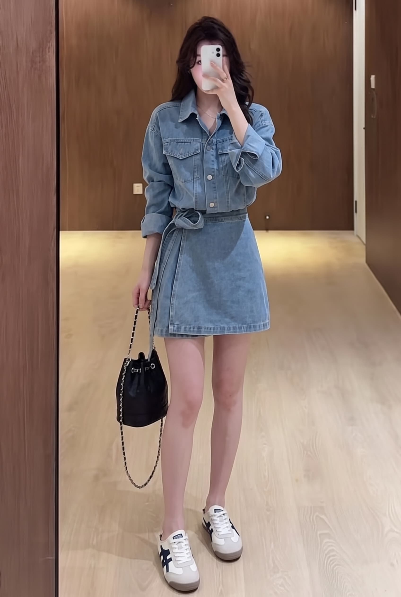 실사 빅 사이즈 가을 와 성별 자유 주의자 레트로 항구 바람 폴로 칼라 워싱 데님 드레스 품격 허리 수축 이미지 4
