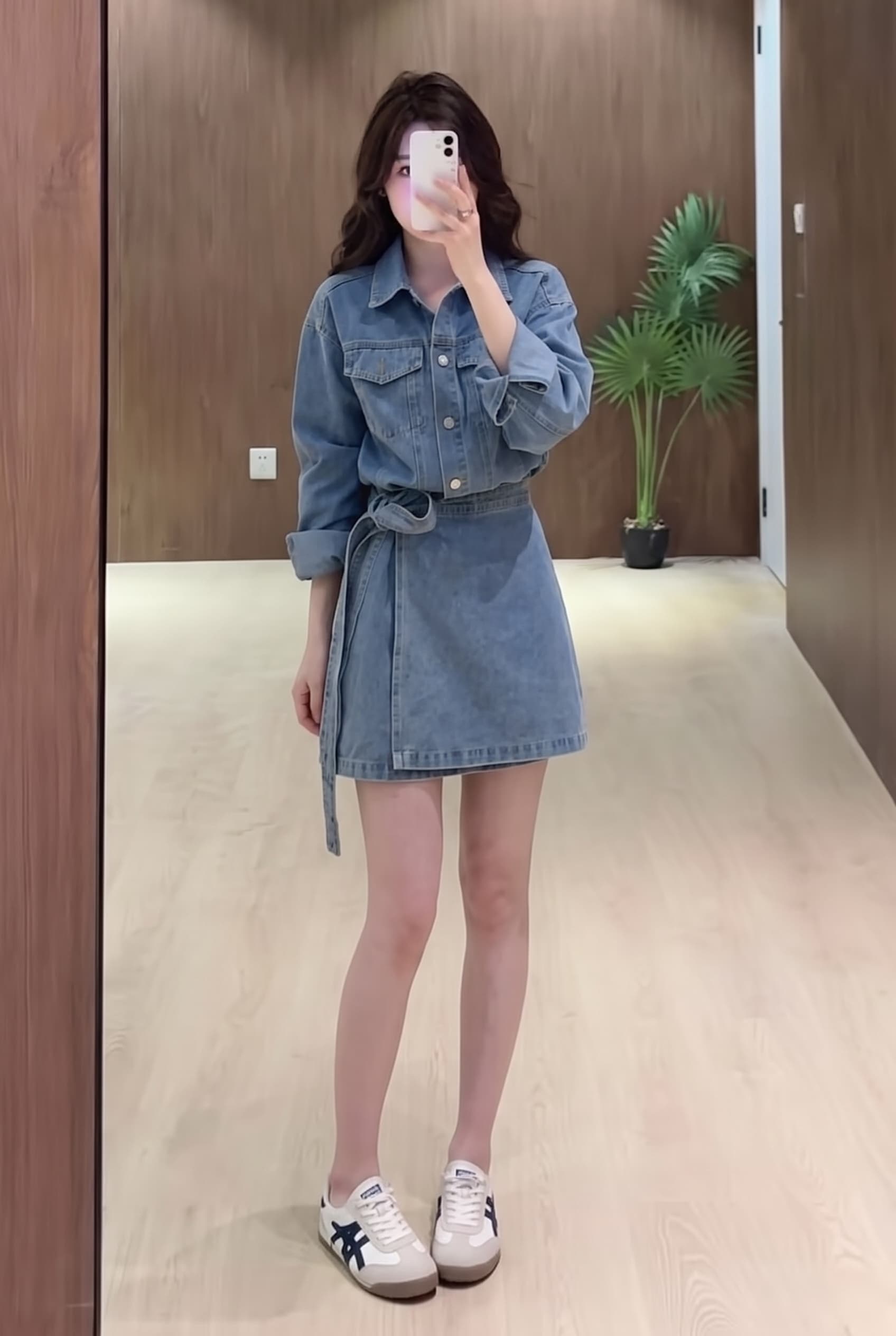실사 빅 사이즈 가을 와 성별 자유 주의자 레트로 항구 바람 폴로 칼라 워싱 데님 드레스 품격 허리 수축 이미지 3