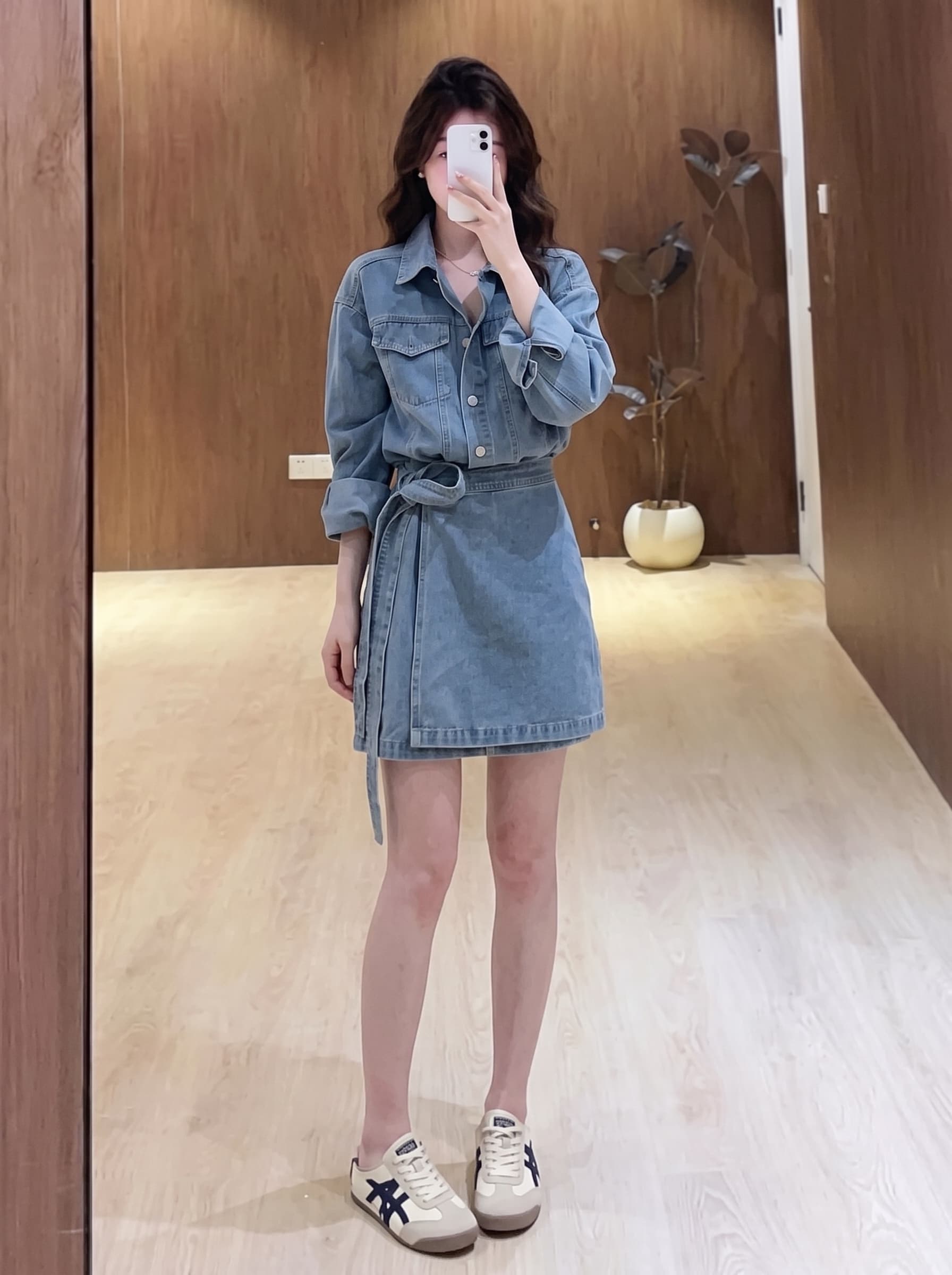 실사 빅 사이즈 가을 와 성별 자유 주의자 레트로 항구 바람 폴로 칼라 워싱 데님 드레스 품격 허리 수축
